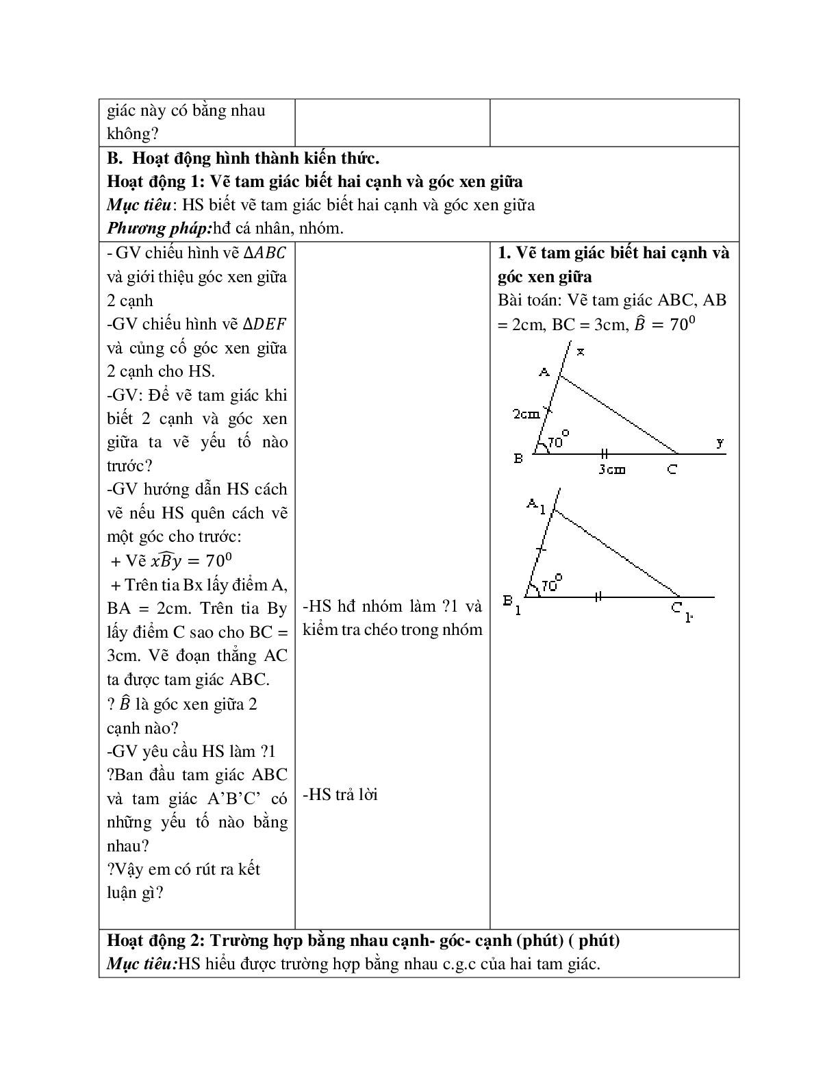 Giáo án Toán học 7 bài 4: Trường hợp bằng nhau thứ hai của tam giác c.g.c hay nhất (trang 2)