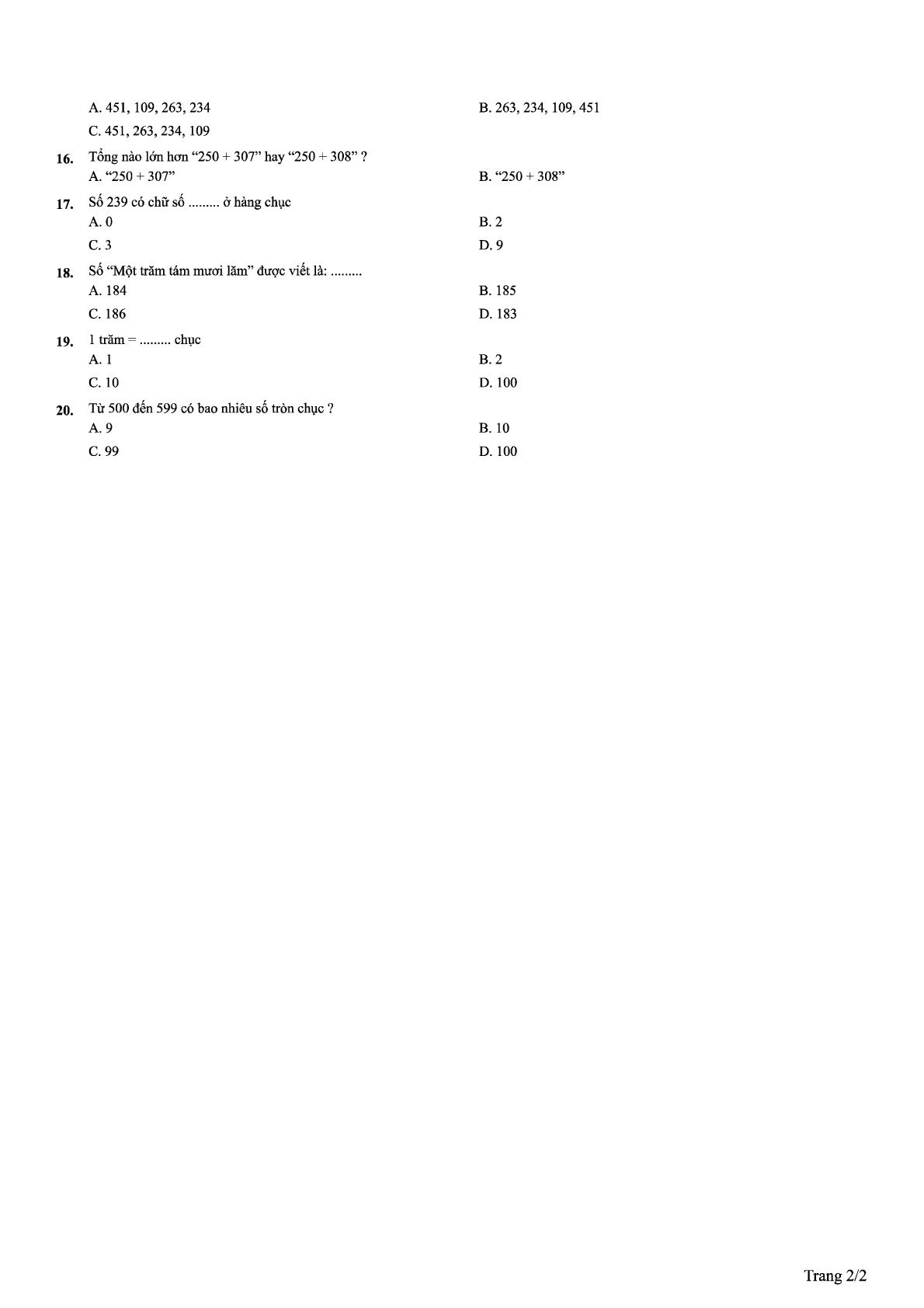 Bài tập tự luyện về số trong phạm vi 1000 có đáp án, chọn lọc (trang 2)