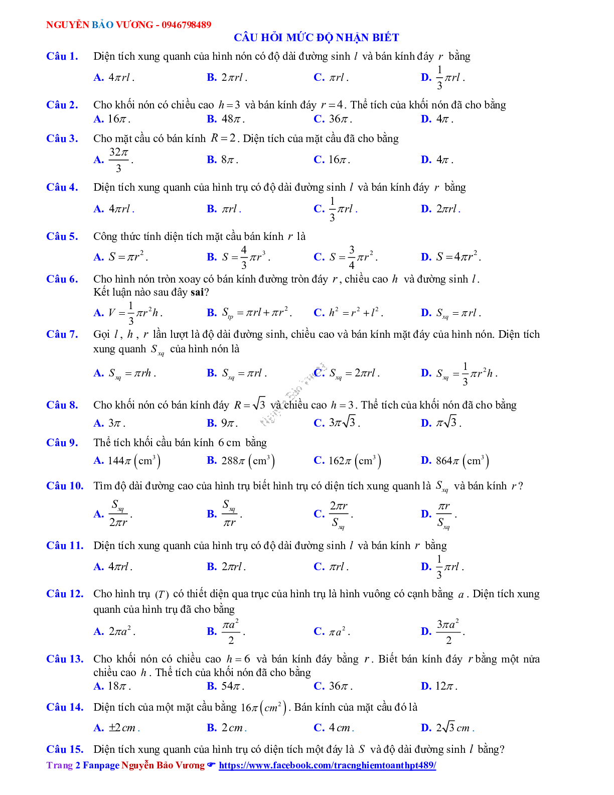 Phương pháp giải về Mặt nón, mặt trụ, mặt cầu 2023 (lý thuyết và bài tập) (trang 2)