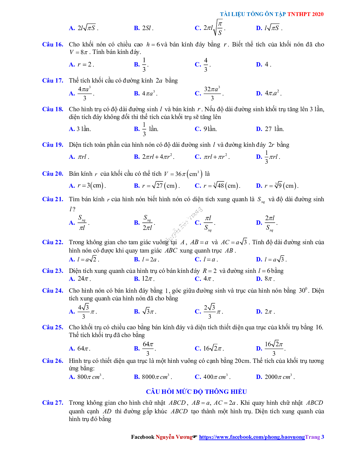 Phương pháp giải về Mặt nón, mặt trụ, mặt cầu 2023 (lý thuyết và bài tập) (trang 3)