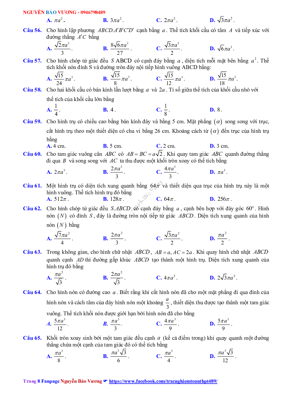 Phương pháp giải về Mặt nón, mặt trụ, mặt cầu 2023 (lý thuyết và bài tập) (trang 8)