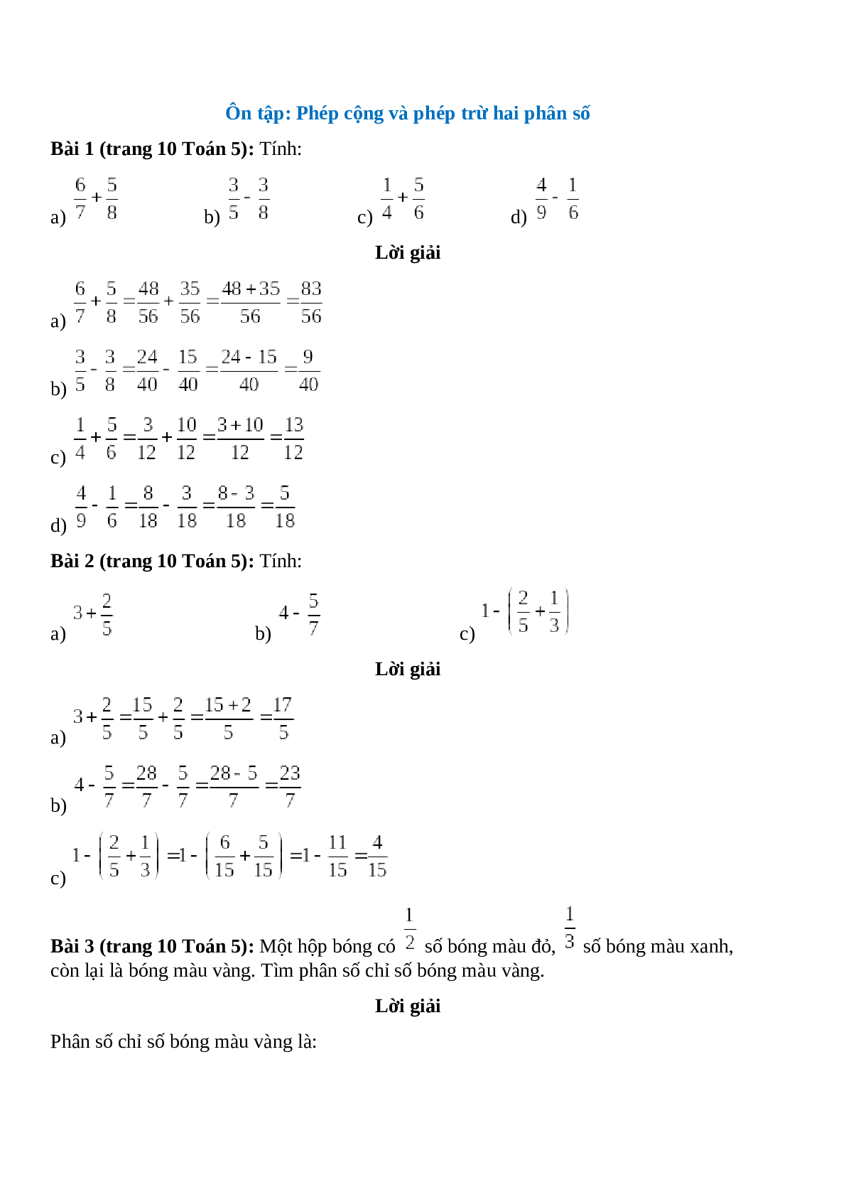 Toán lớp 5 trang 10 Ôn tập: Phép cộng và phép trừ hai phân số (trang 1)