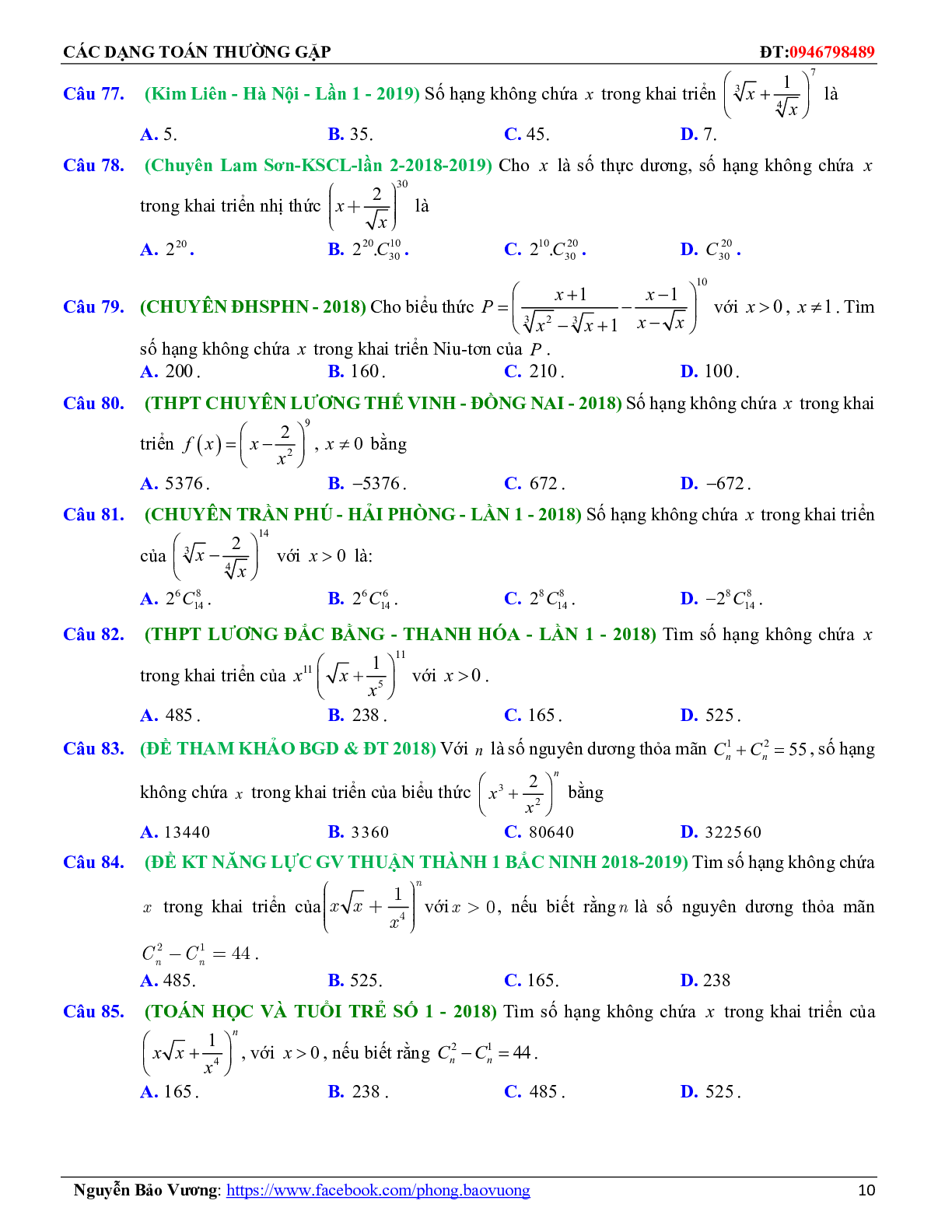 Các dạng toán nhị thức Newton và các bài toán liên quan (trang 10)