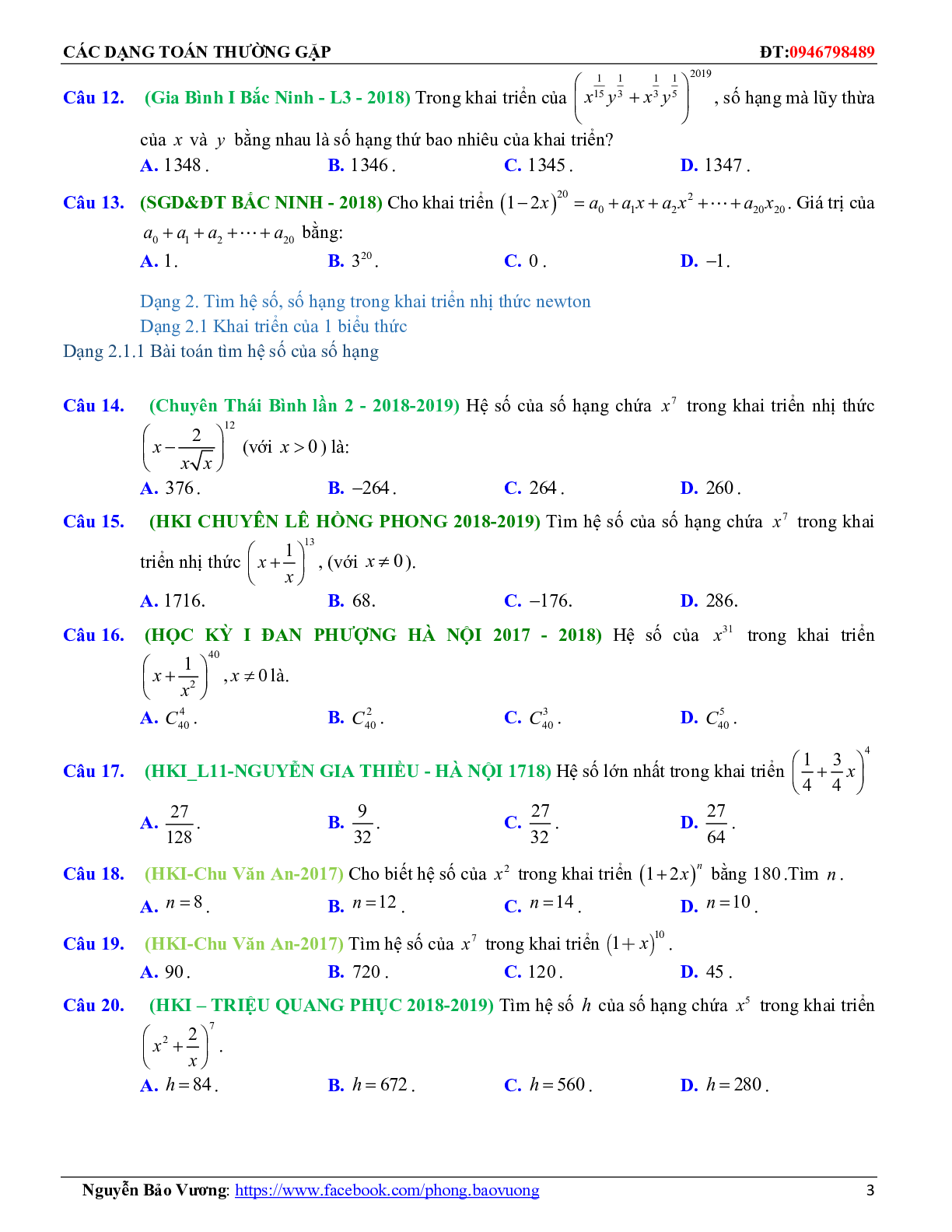 Các dạng toán nhị thức Newton và các bài toán liên quan (trang 3)