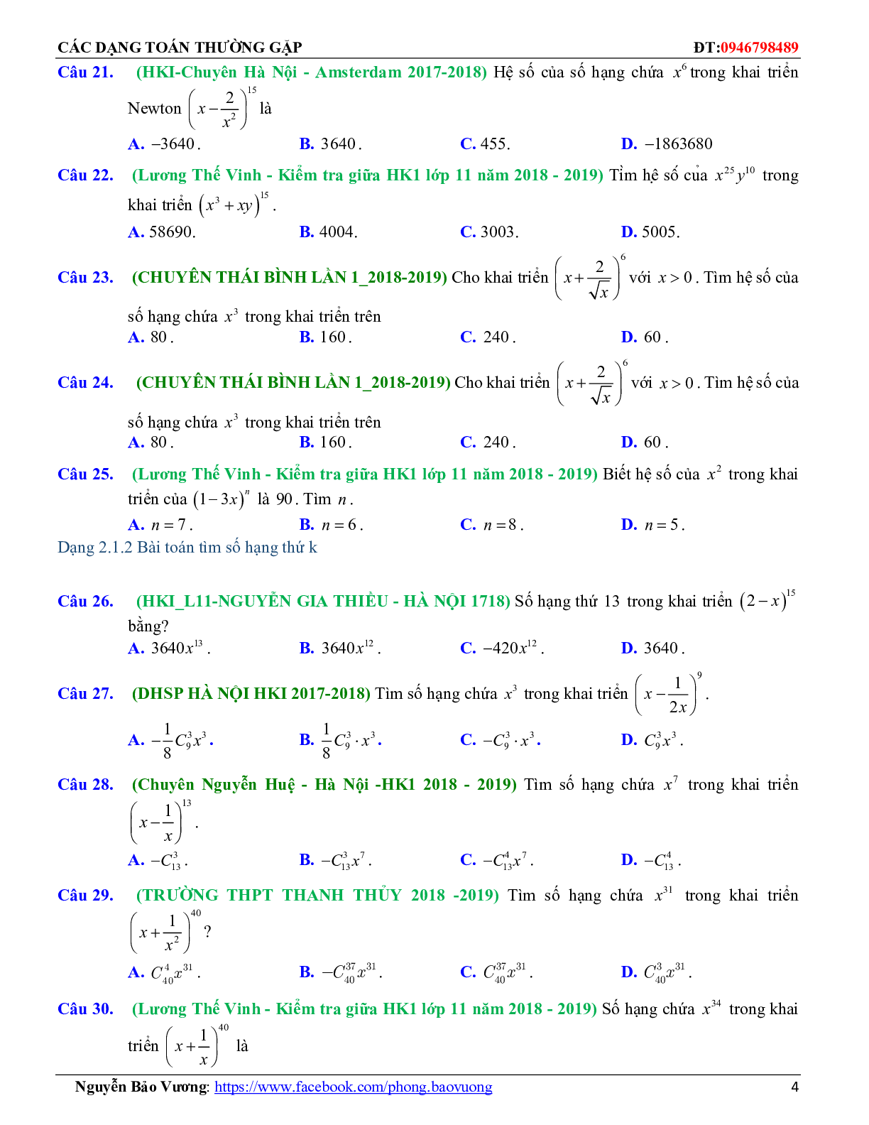Các dạng toán nhị thức Newton và các bài toán liên quan (trang 4)