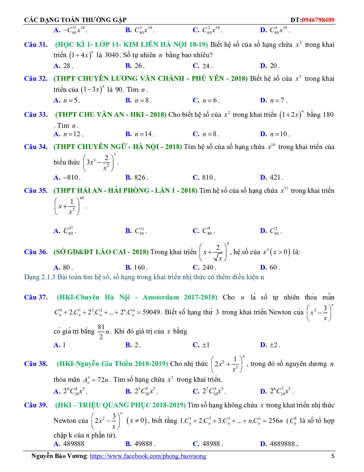 Các dạng toán nhị thức Newton và các bài toán liên quan (trang 5)