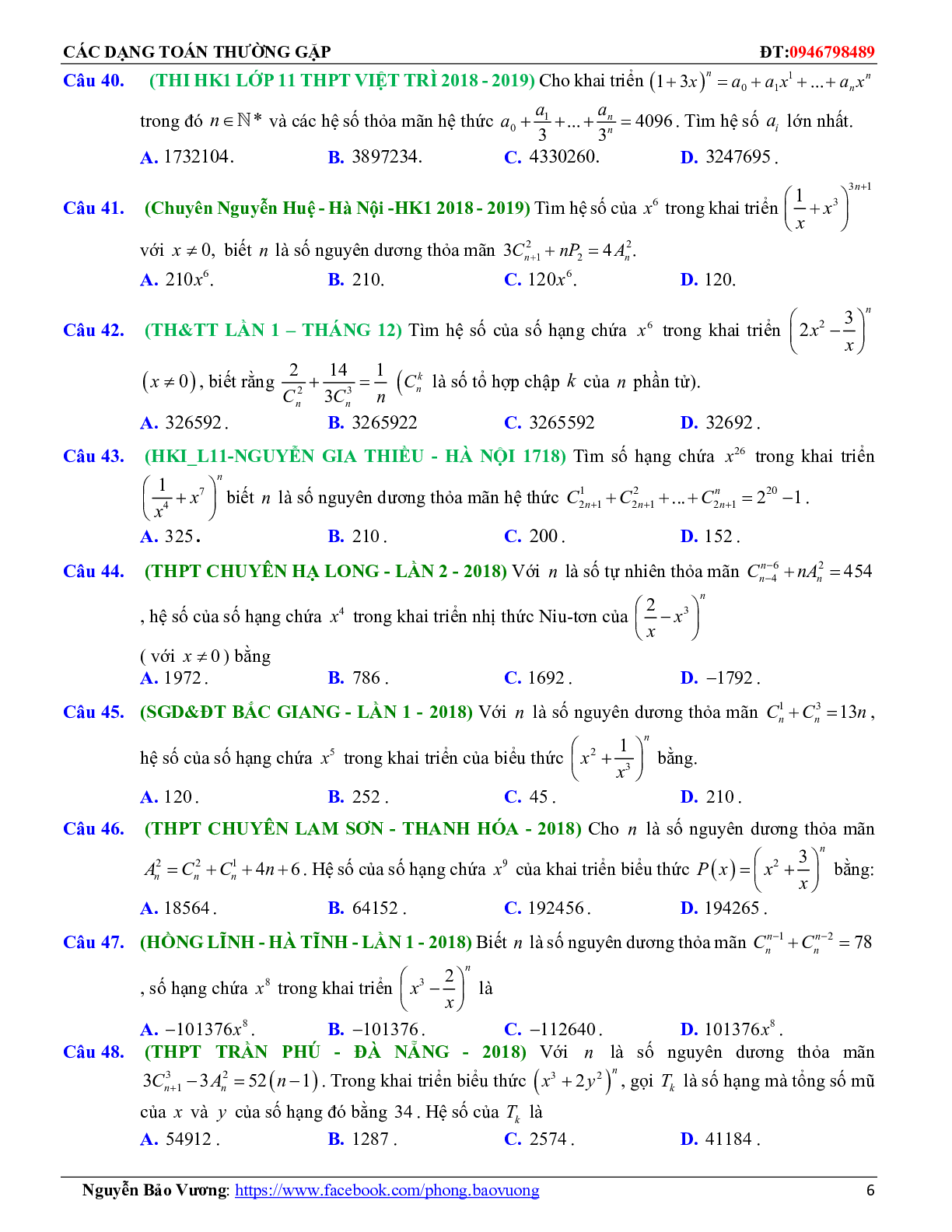 Các dạng toán nhị thức Newton và các bài toán liên quan (trang 6)