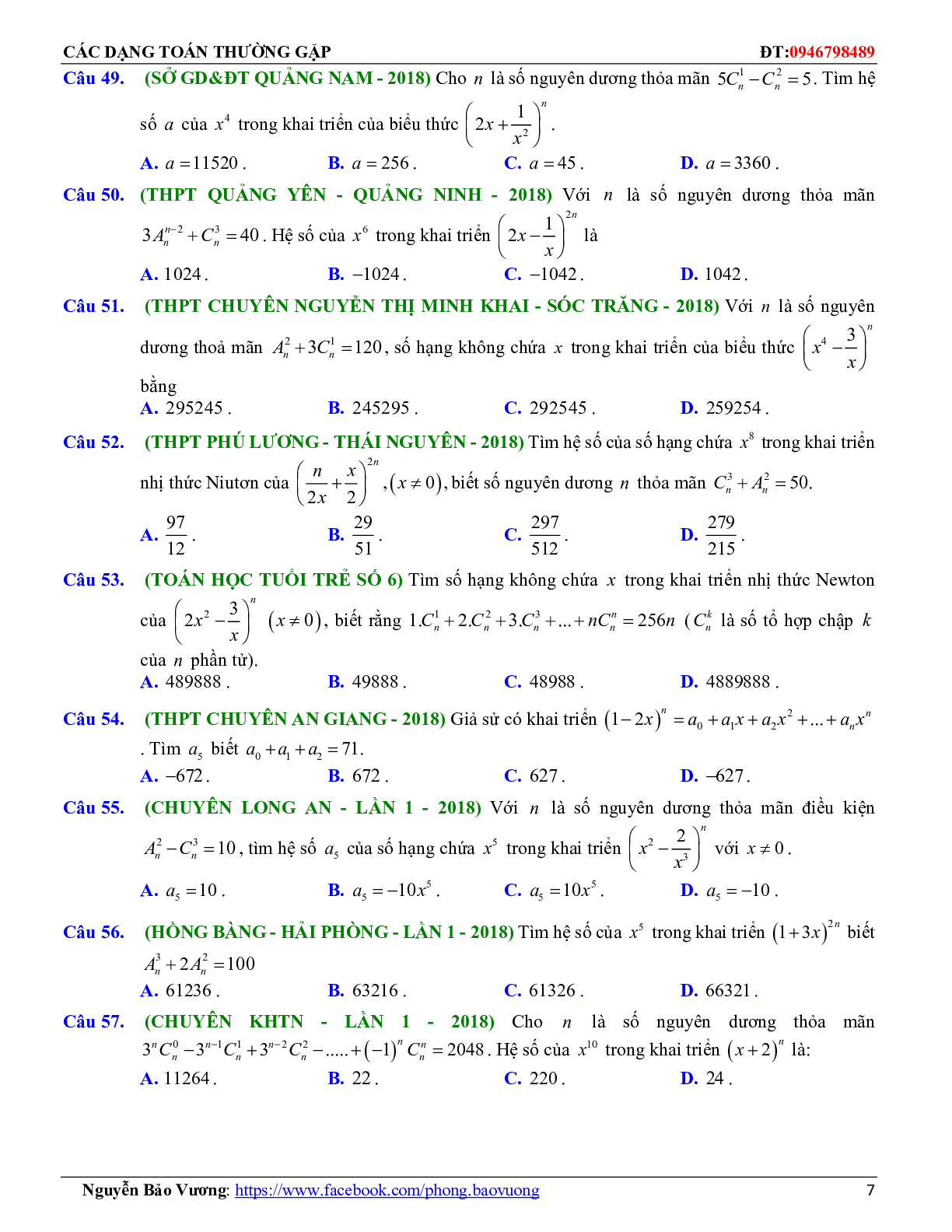 Các dạng toán nhị thức Newton và các bài toán liên quan (trang 7)