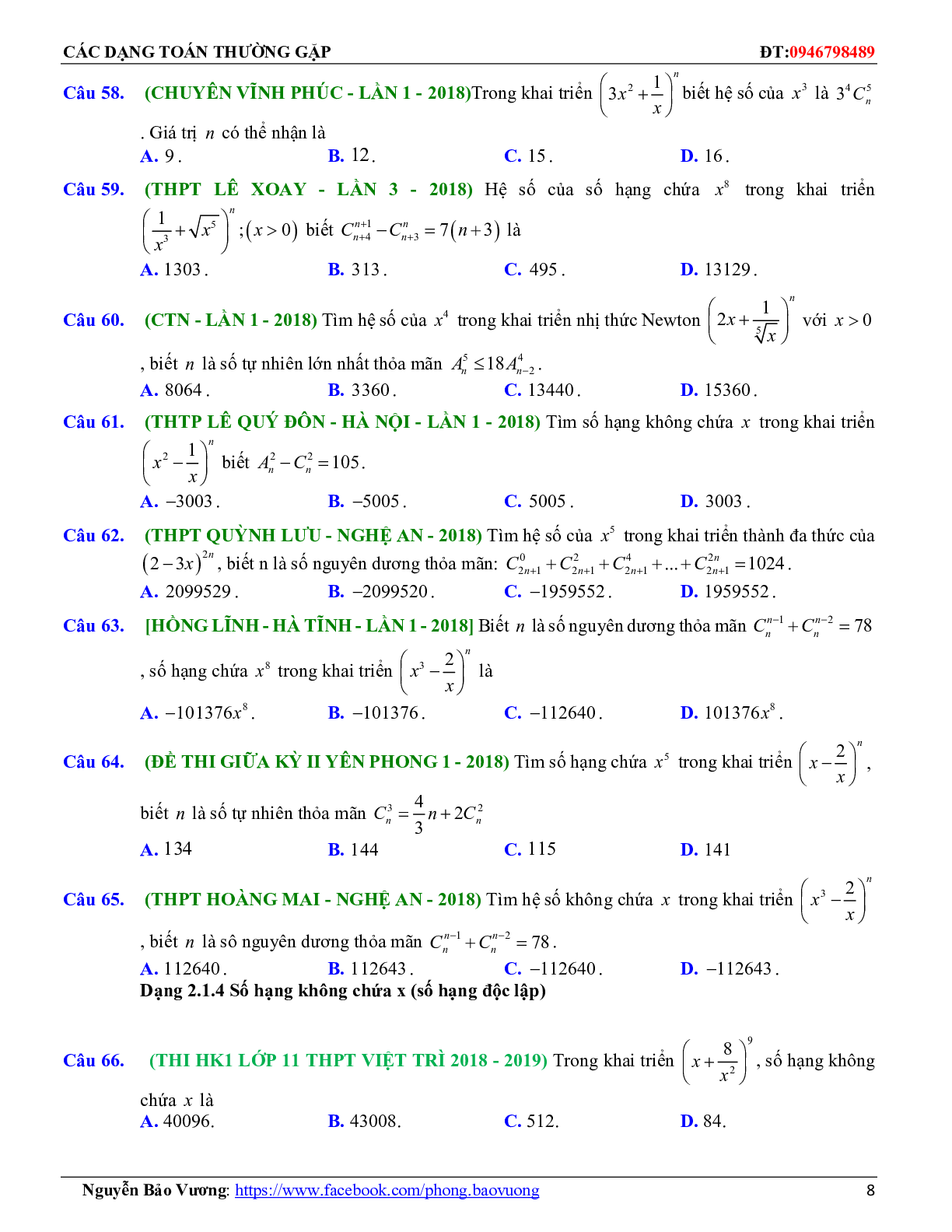 Các dạng toán nhị thức Newton và các bài toán liên quan (trang 8)