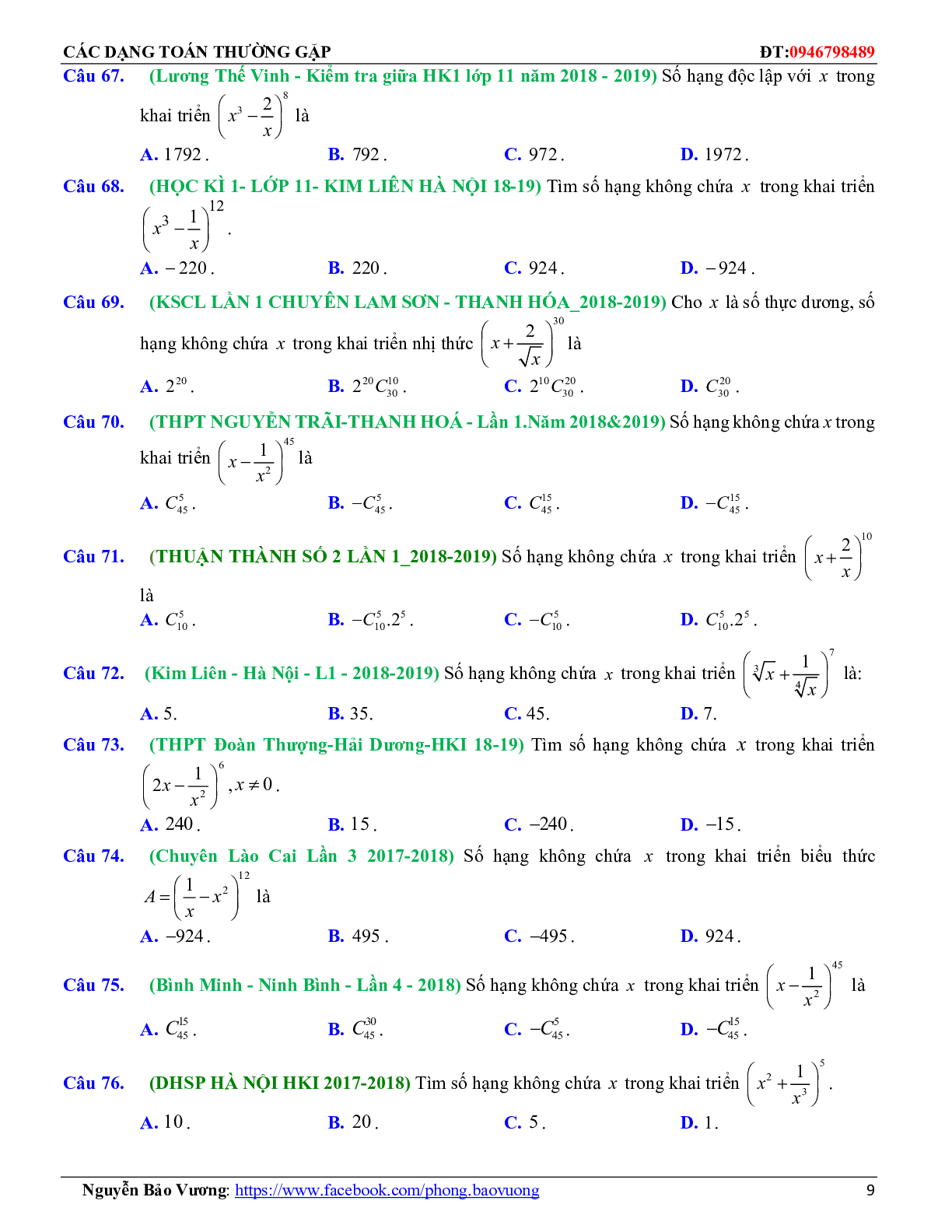 Các dạng toán nhị thức Newton và các bài toán liên quan (trang 9)