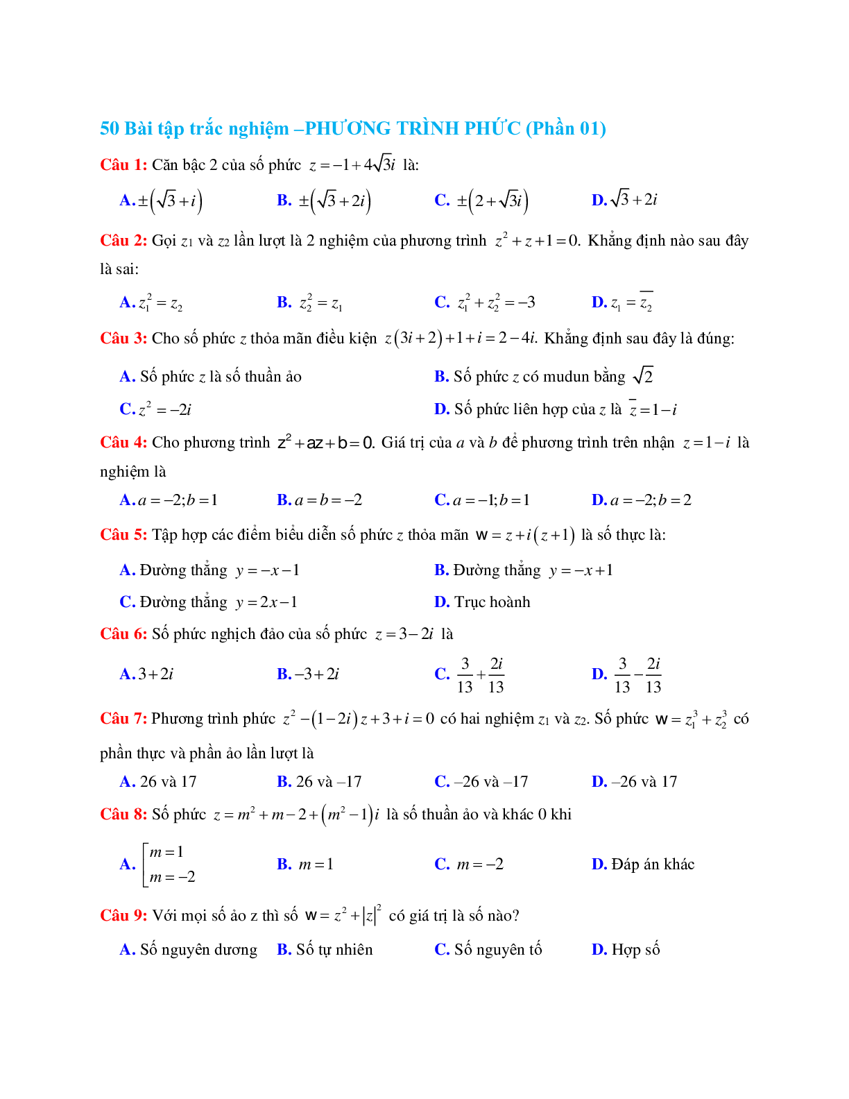 50 câu trắc nghiệm Phương trình phức có đáp án 2023 (trang 1)