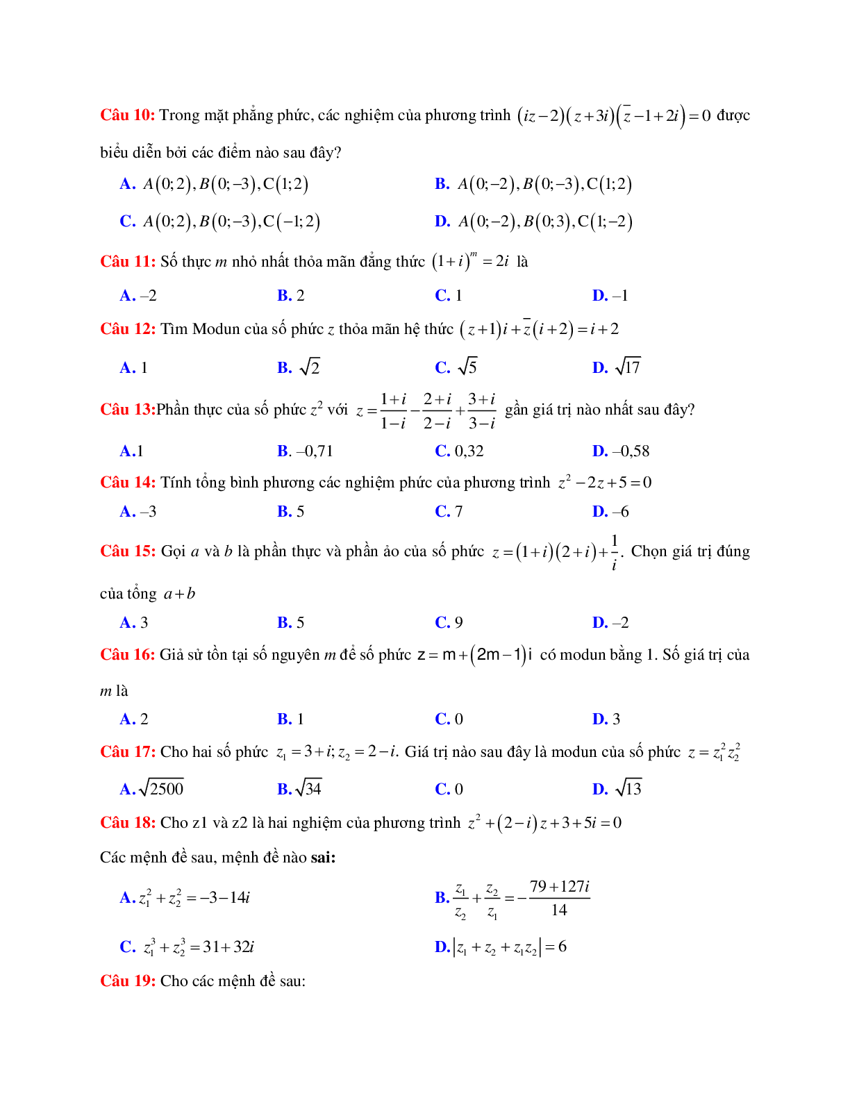 50 câu trắc nghiệm Phương trình phức có đáp án 2023 (trang 2)