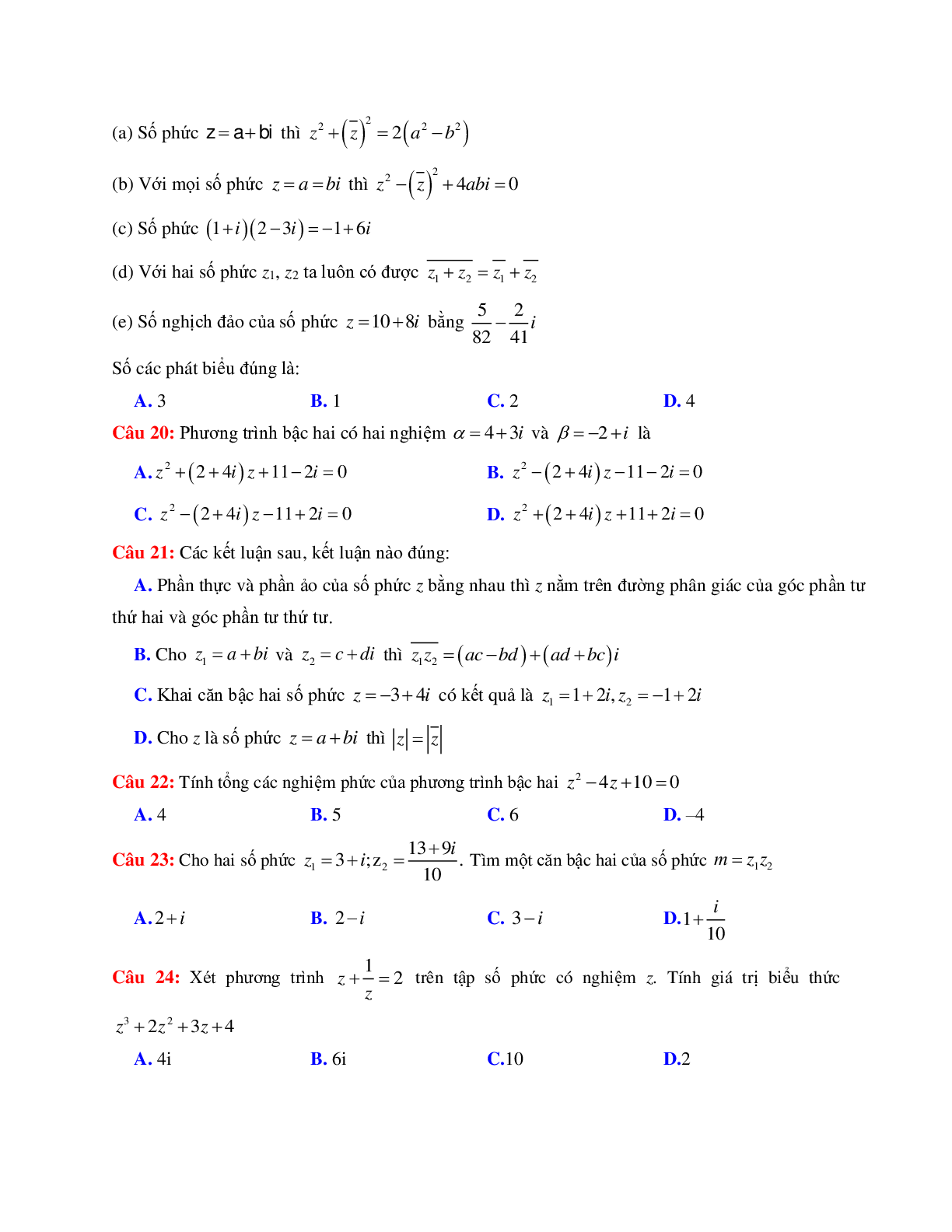 50 câu trắc nghiệm Phương trình phức có đáp án 2023 (trang 3)
