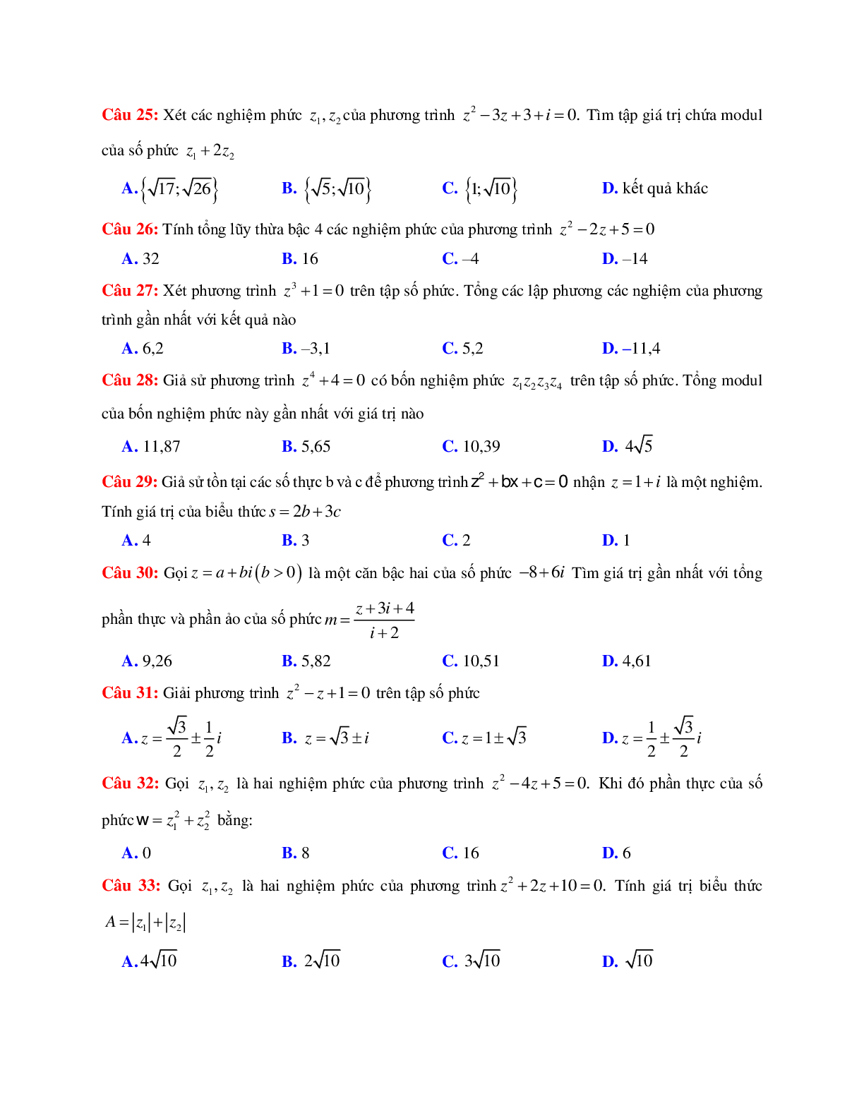 50 câu trắc nghiệm Phương trình phức có đáp án 2023 (trang 4)