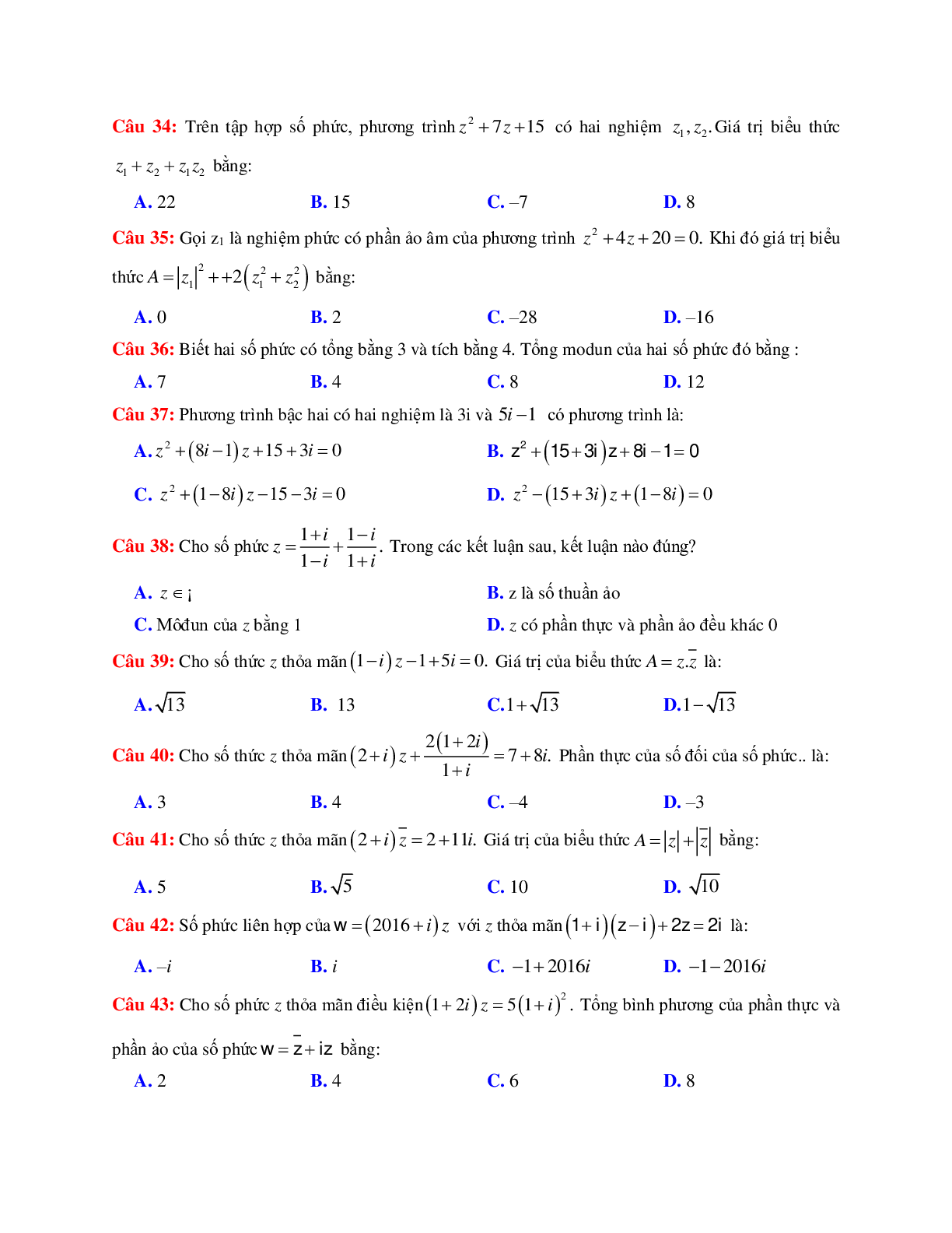 50 câu trắc nghiệm Phương trình phức có đáp án 2023 (trang 5)