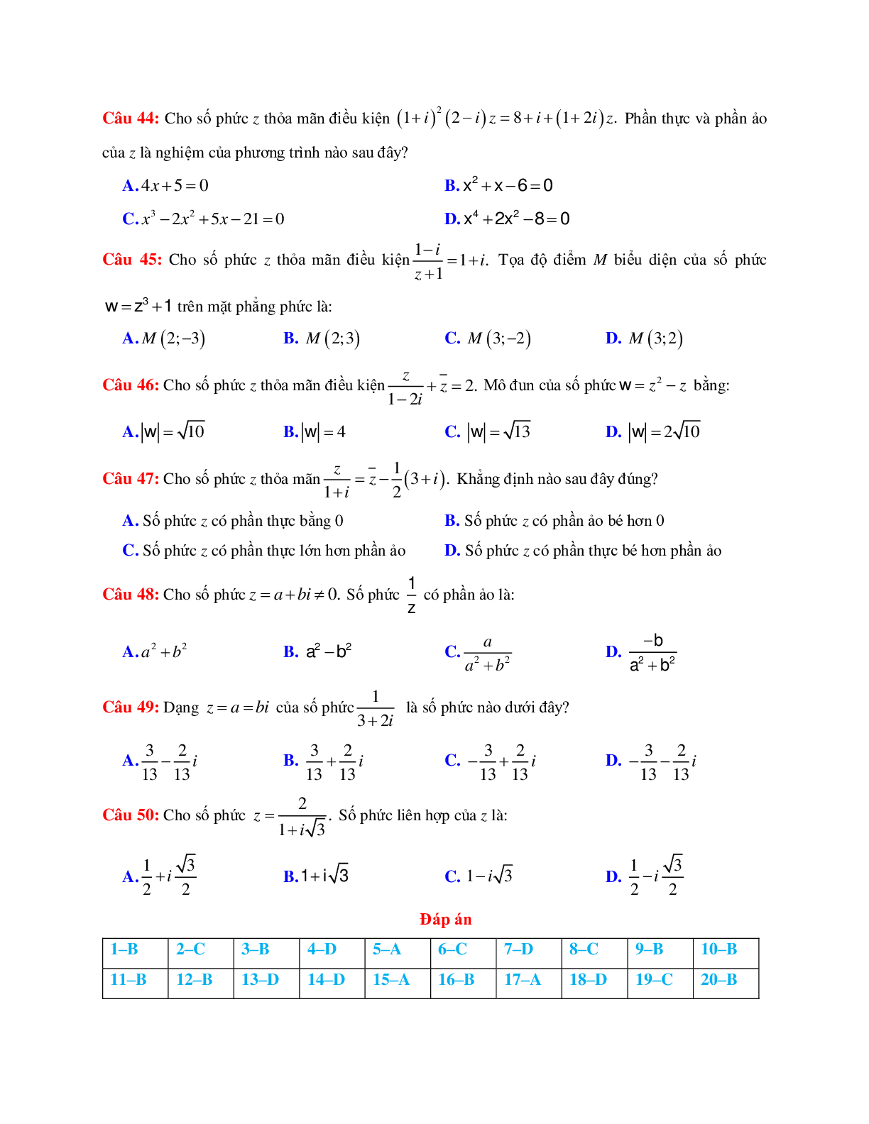 50 câu trắc nghiệm Phương trình phức có đáp án 2023 (trang 6)