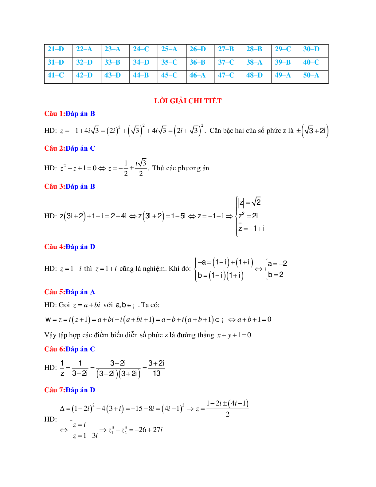 50 câu trắc nghiệm Phương trình phức có đáp án 2023 (trang 7)