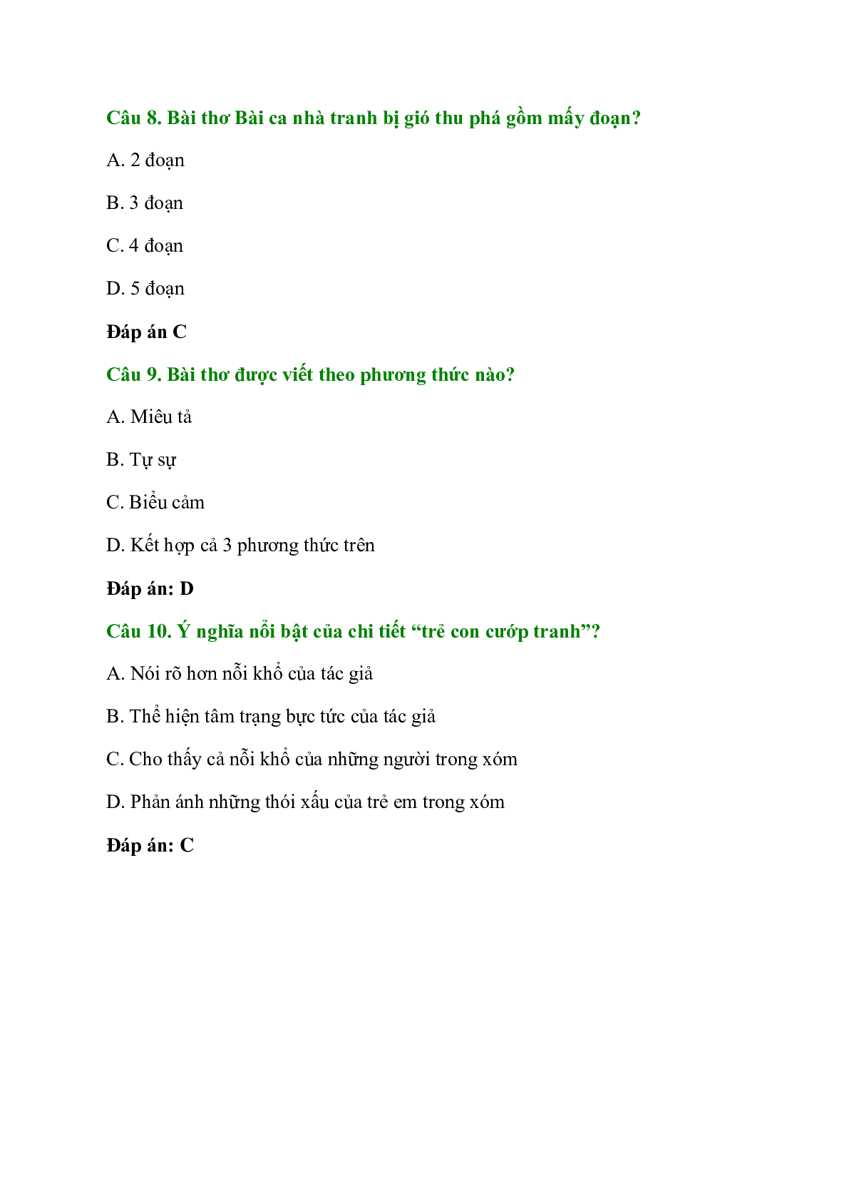 Trắc nghiệm Bài ca nhà tranh bị gió thu phá có đáp án – Ngữ văn lớp 7 (trang 3)