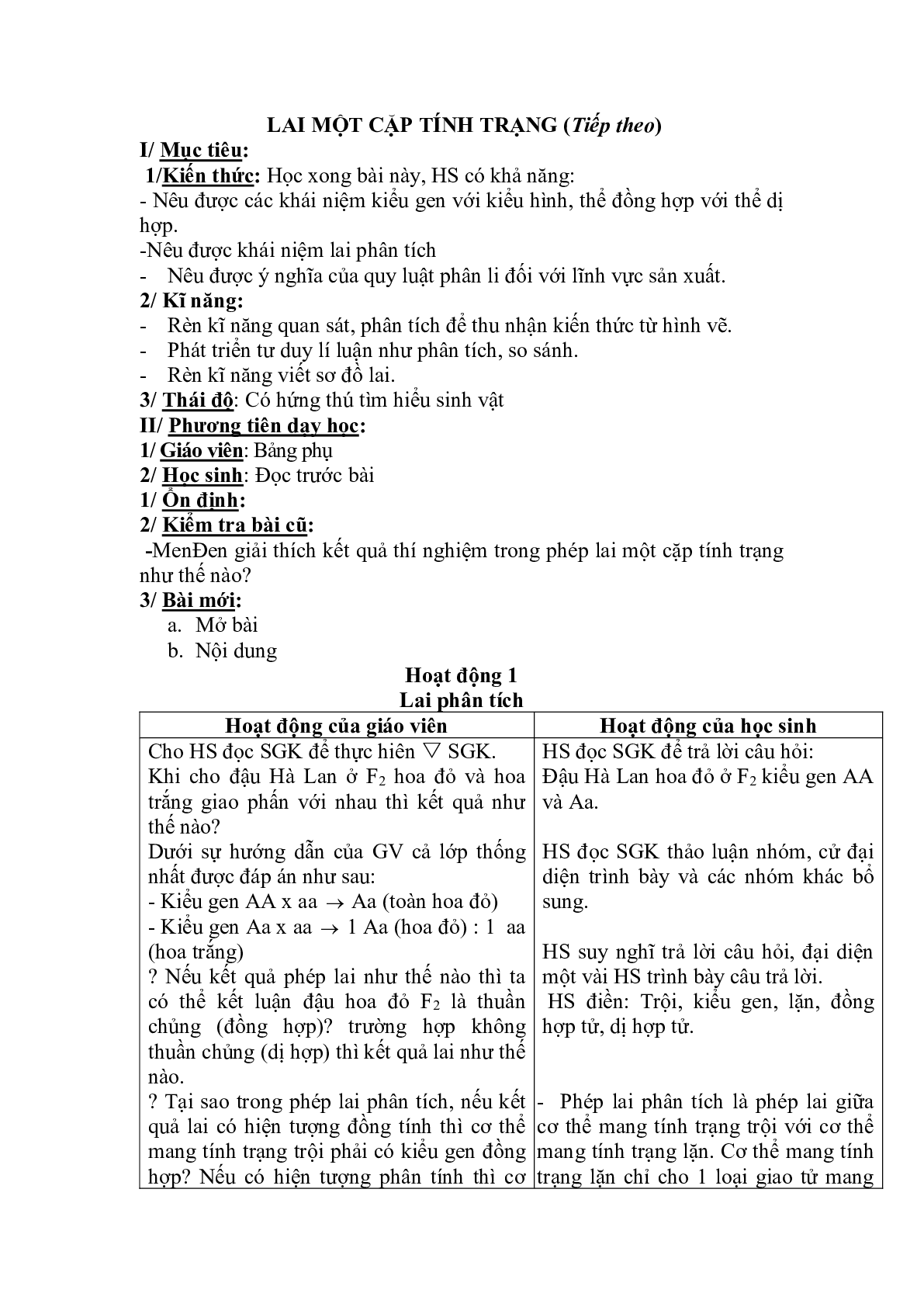 Giáo án Sinh học 9 Bài 3: Lai một cặp tính trạng (tiếp theo) mới, chuẩn nhất (trang 1)