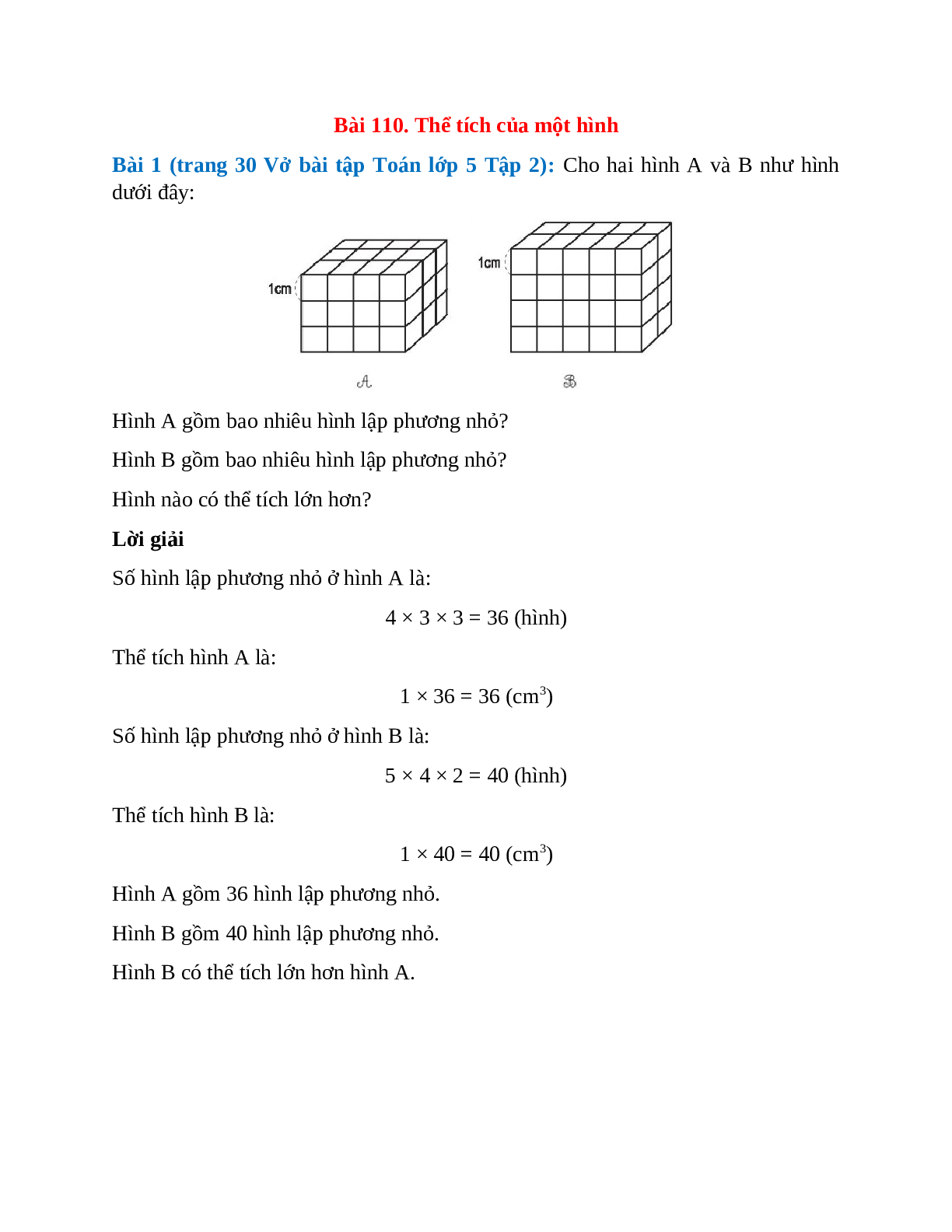 Cho hai hình A và B như hình dưới đây Hình A gồm bao nhiêu hình lập phương nhỏ (trang 1)