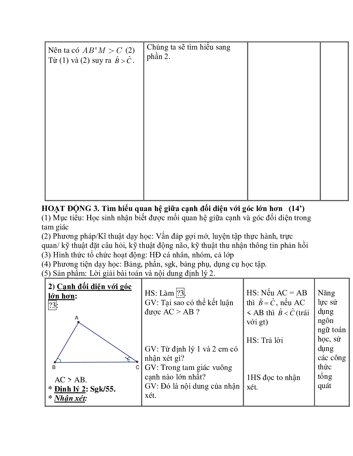 Giáo án Toán học 7 bài 1: Quan hệ giữa góc và cạnh đối diện trong một tam giác hay nhất (trang 4)