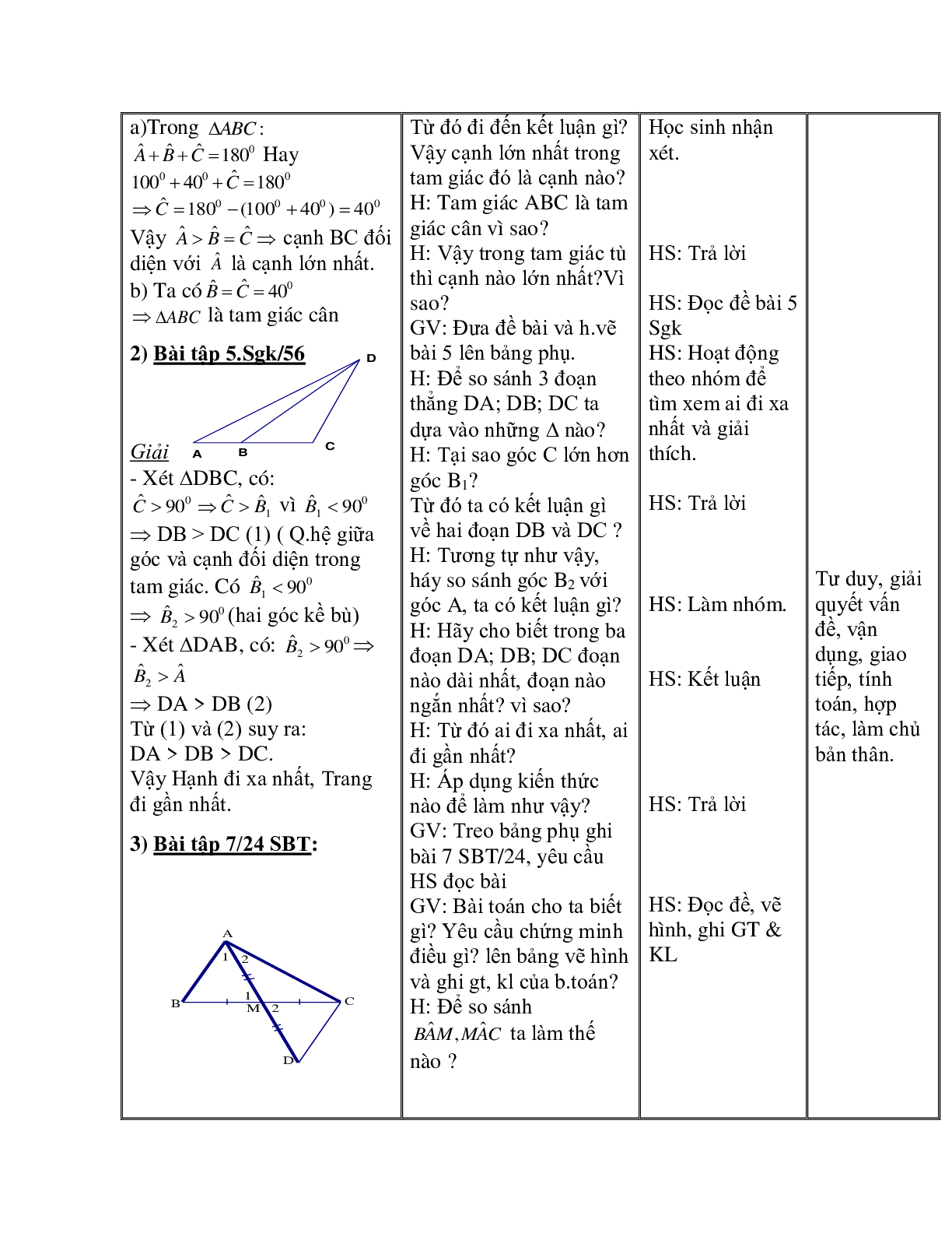 Giáo án Toán học 7 bài 1: Quan hệ giữa góc và cạnh đối diện trong một tam giác hay nhất (trang 8)