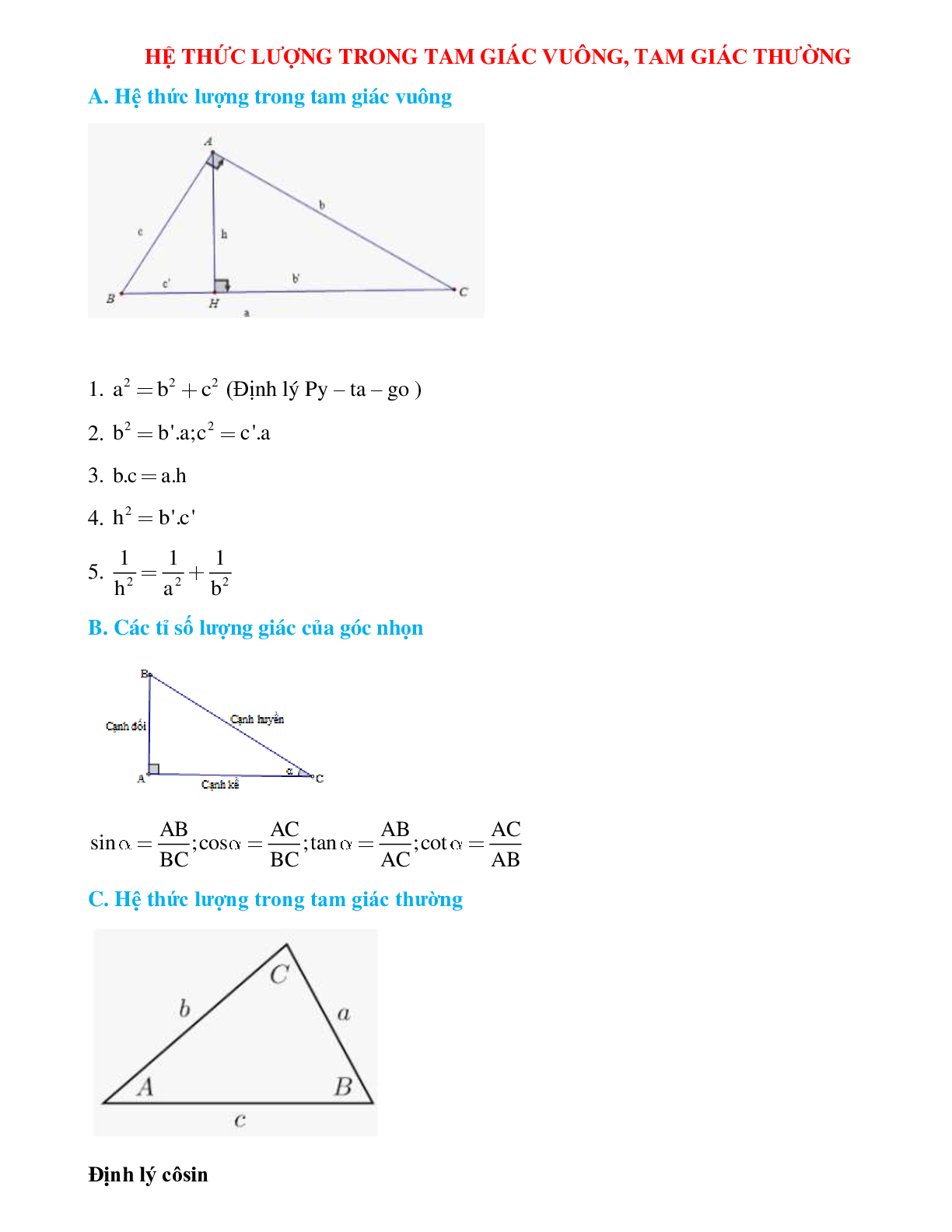 Hệ thức lượng trong tam giác vuông, tam giác thường (trang 1)