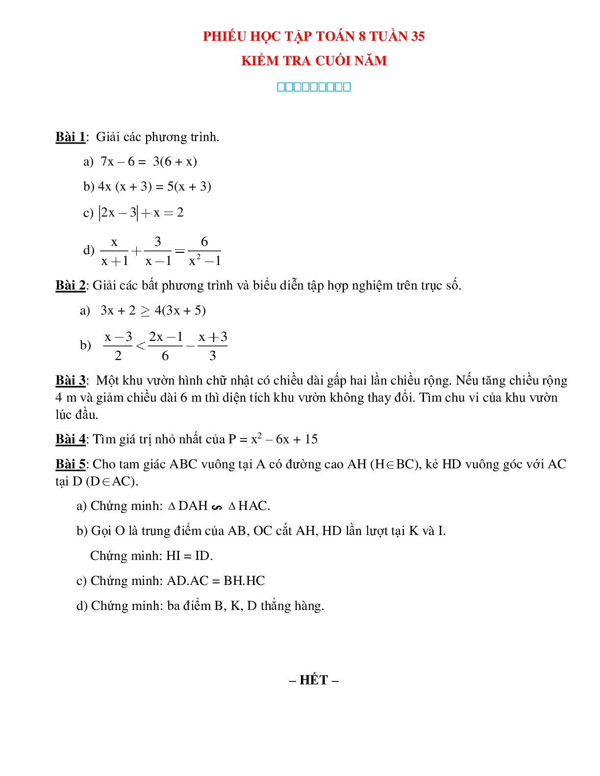 Phiếu bài tập tuần 35 - Toán 8 (trang 1)