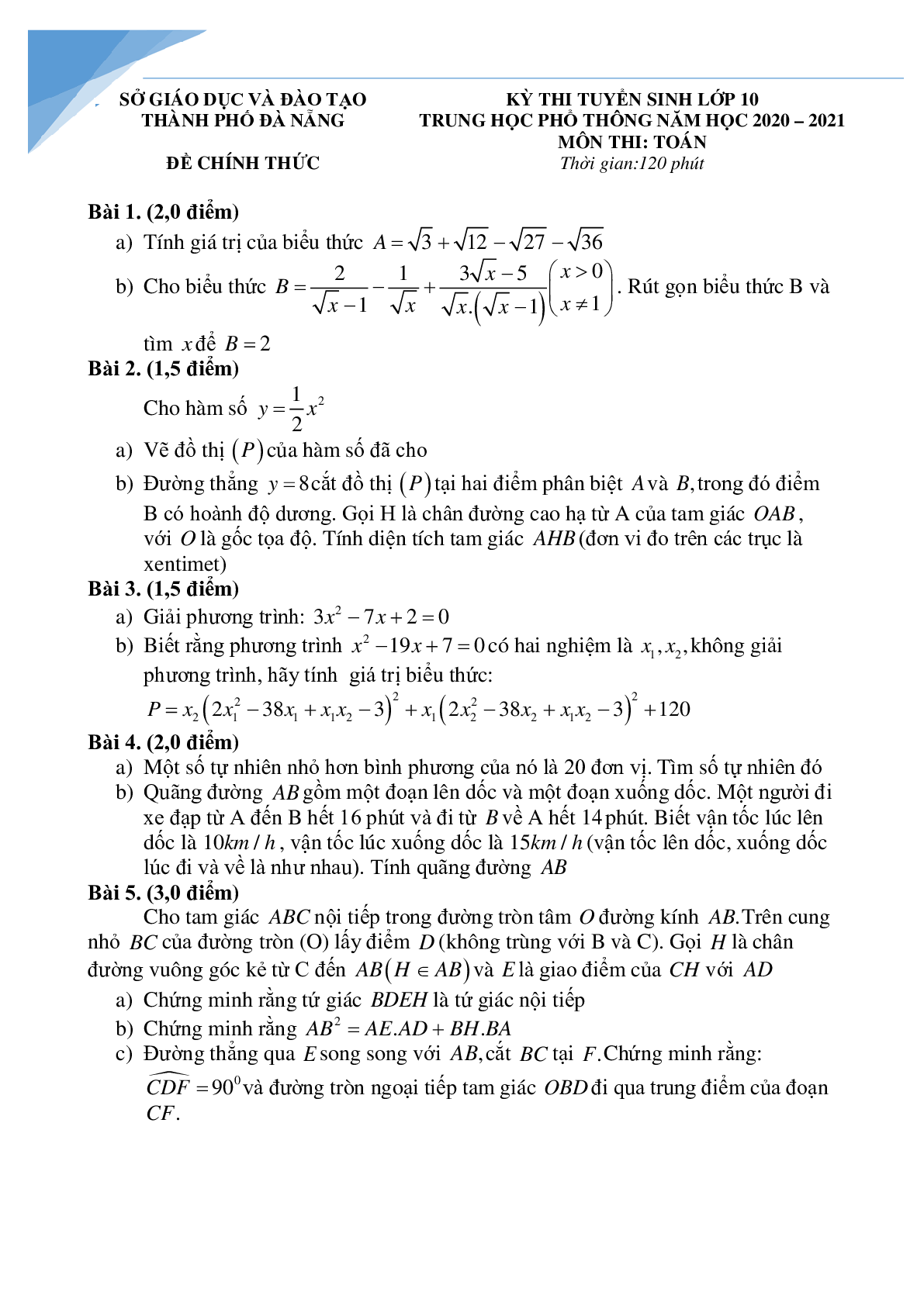 Bộ đề thi vào lớp 10 môn toán tỉnh Đà Nẵng (trang 1)