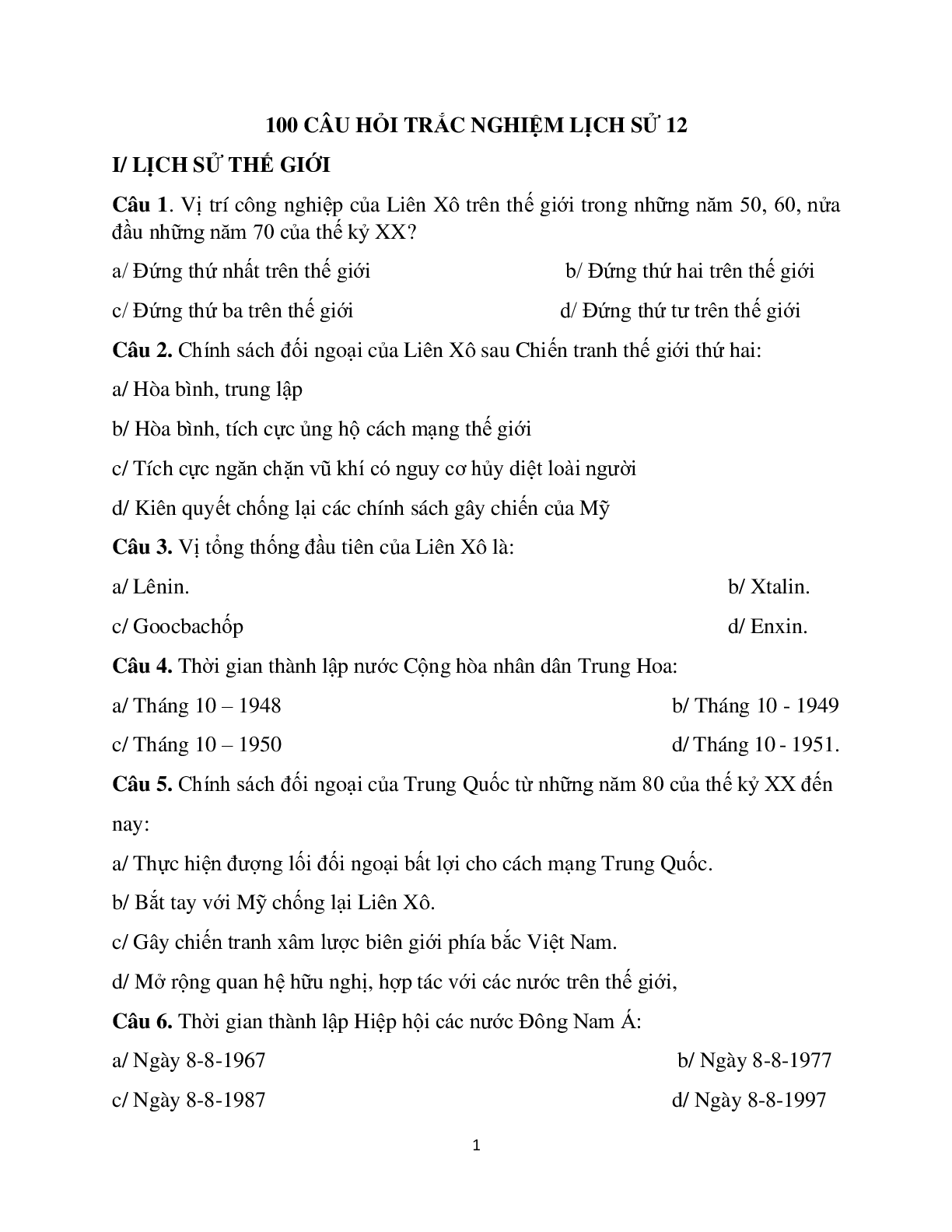 100 câu hỏi trắc nghiệm Lịch sử 12 (trang 1)