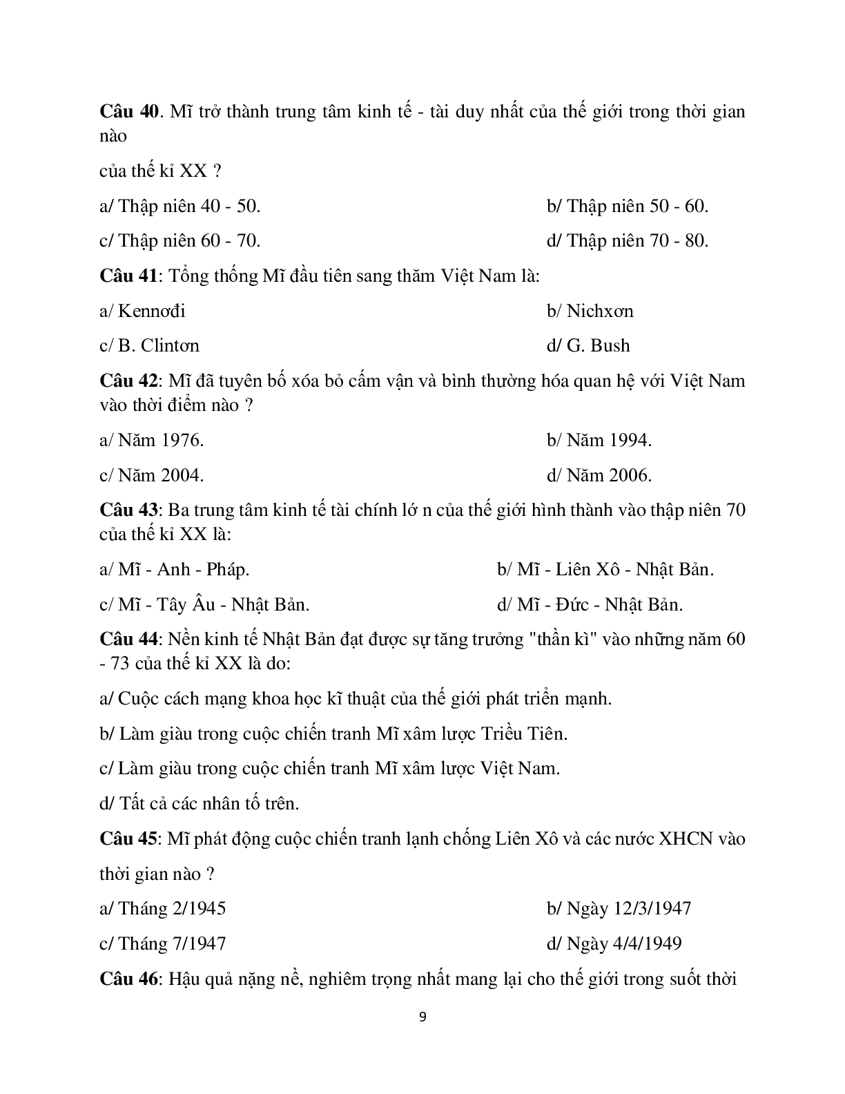 100 câu hỏi trắc nghiệm Lịch sử 12 (trang 9)