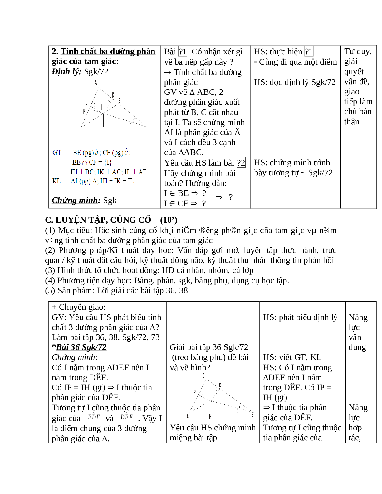Giáo án Toán học 7 bài 6: Tính chất ba đường phân giác của tam giác hay nhất (trang 4)