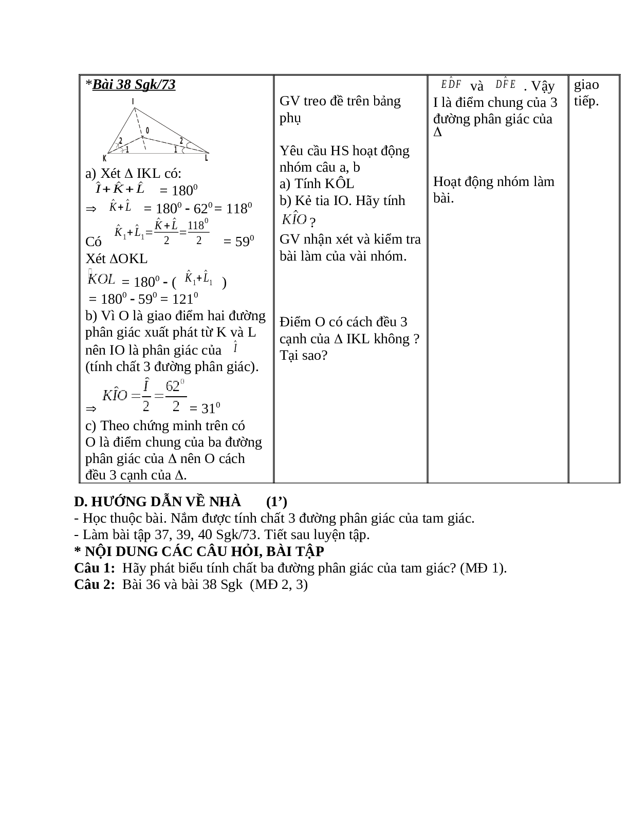 Giáo án Toán học 7 bài 6: Tính chất ba đường phân giác của tam giác hay nhất (trang 5)