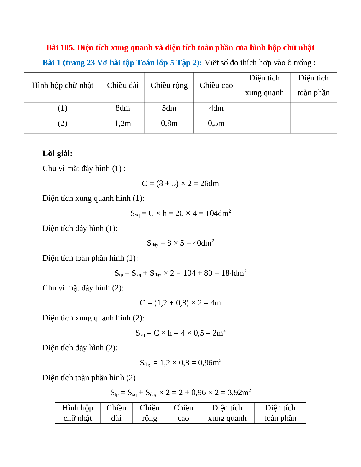 Viết số đo thích hợp vào ô trống Bài 1 trang 23 Vở bài tập Toán lớp 5 (trang 1)