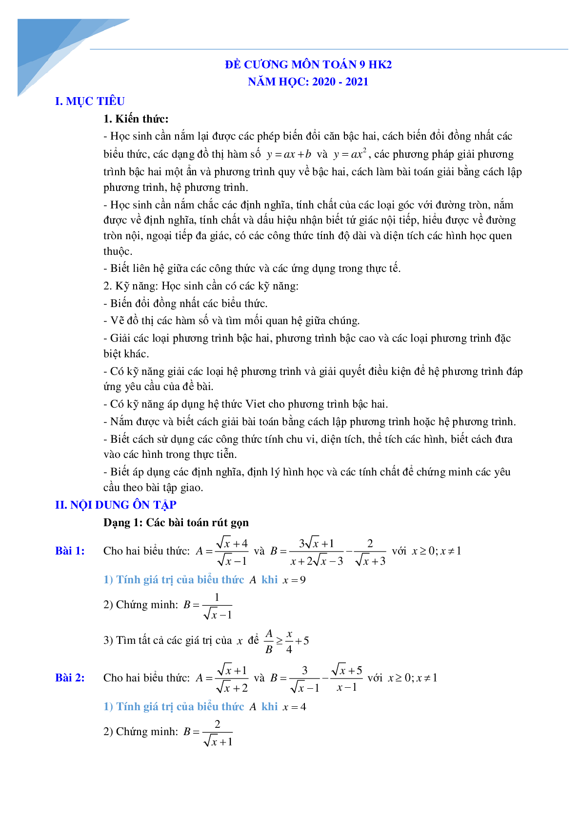 Đề cương học kì 2 môn toán lớp 9 (trang 1)