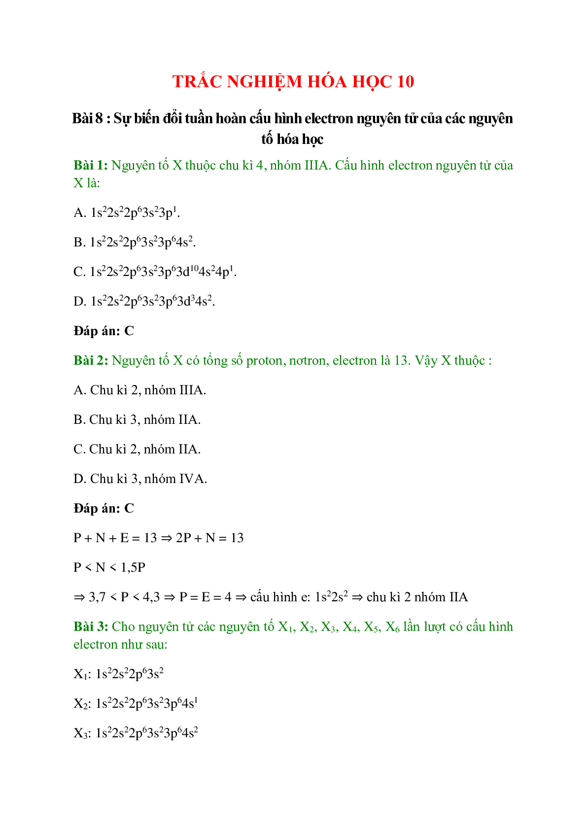 Trắc nghiệm Sự biến đổi tuần hoàn cấu hình electron nguyên tử của các nguyên tố hóa học có đáp án - Hóa học 10 (trang 1)