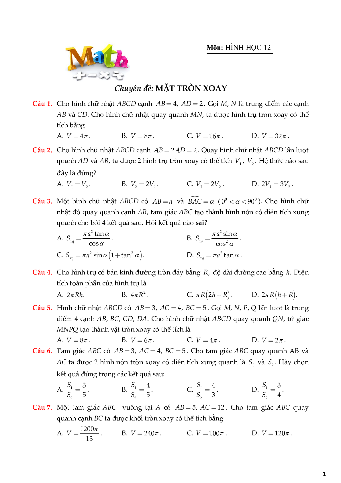 Tuyển chọn 65 câu trắc nghiệm chuyên đề mặt tròn xoay (trang 1)