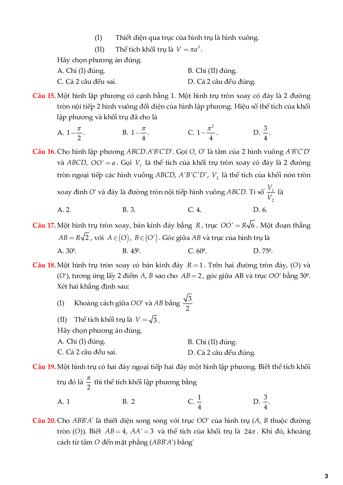 Tuyển chọn 65 câu trắc nghiệm chuyên đề mặt tròn xoay (trang 3)