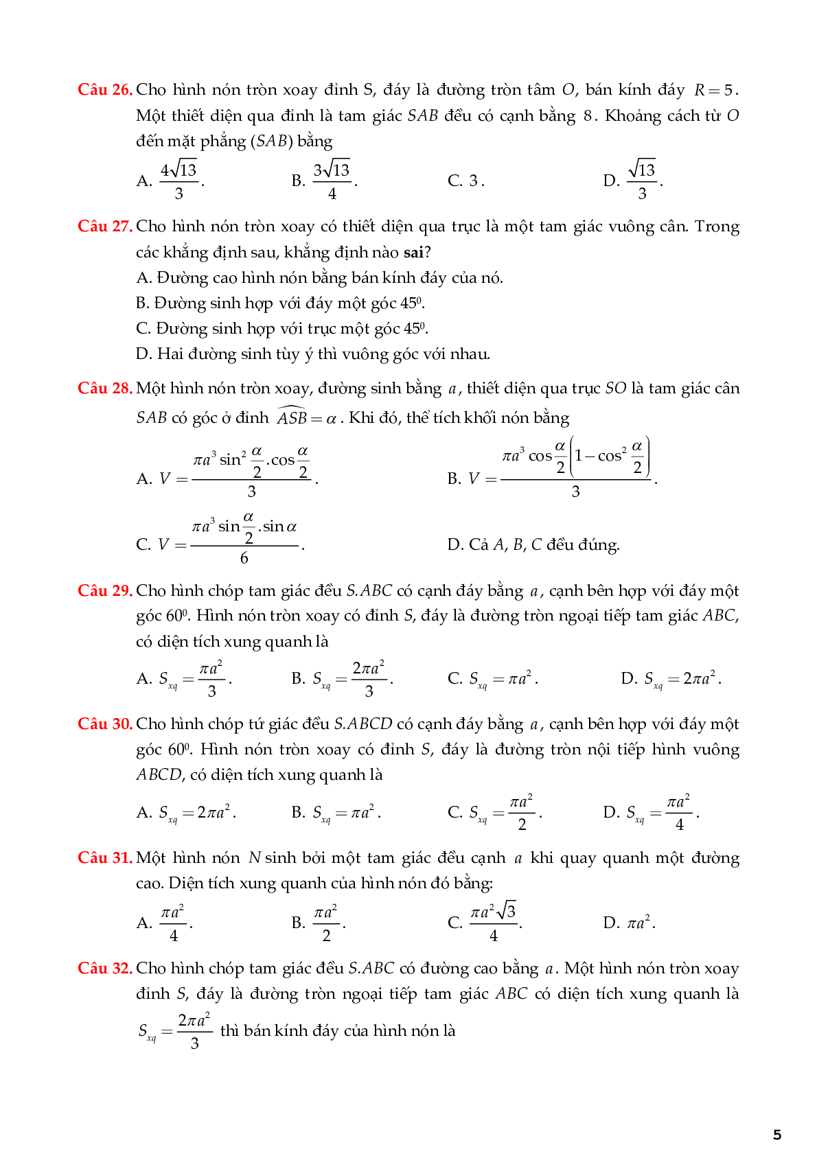 Tuyển chọn 65 câu trắc nghiệm chuyên đề mặt tròn xoay (trang 5)