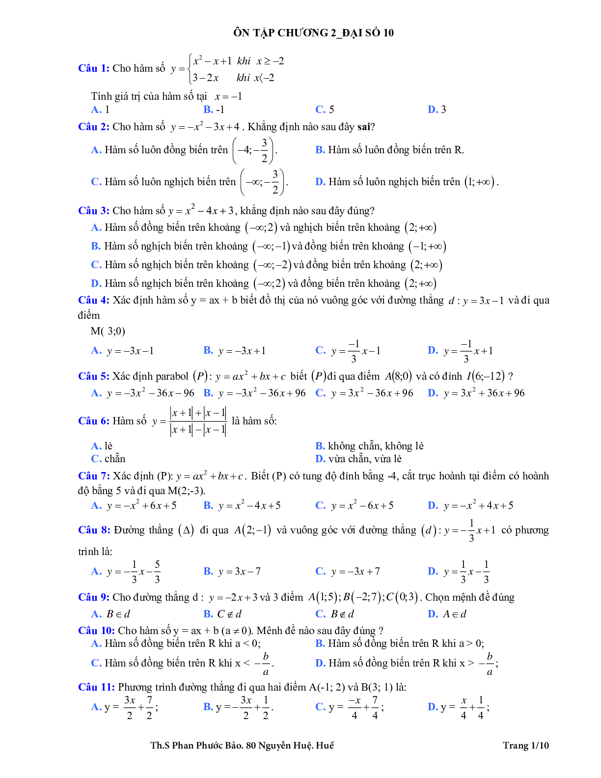 126 bài tập trắc nghiệm hàm số bậc nhất và hàm số bậc hai có đáp án (trang 1)