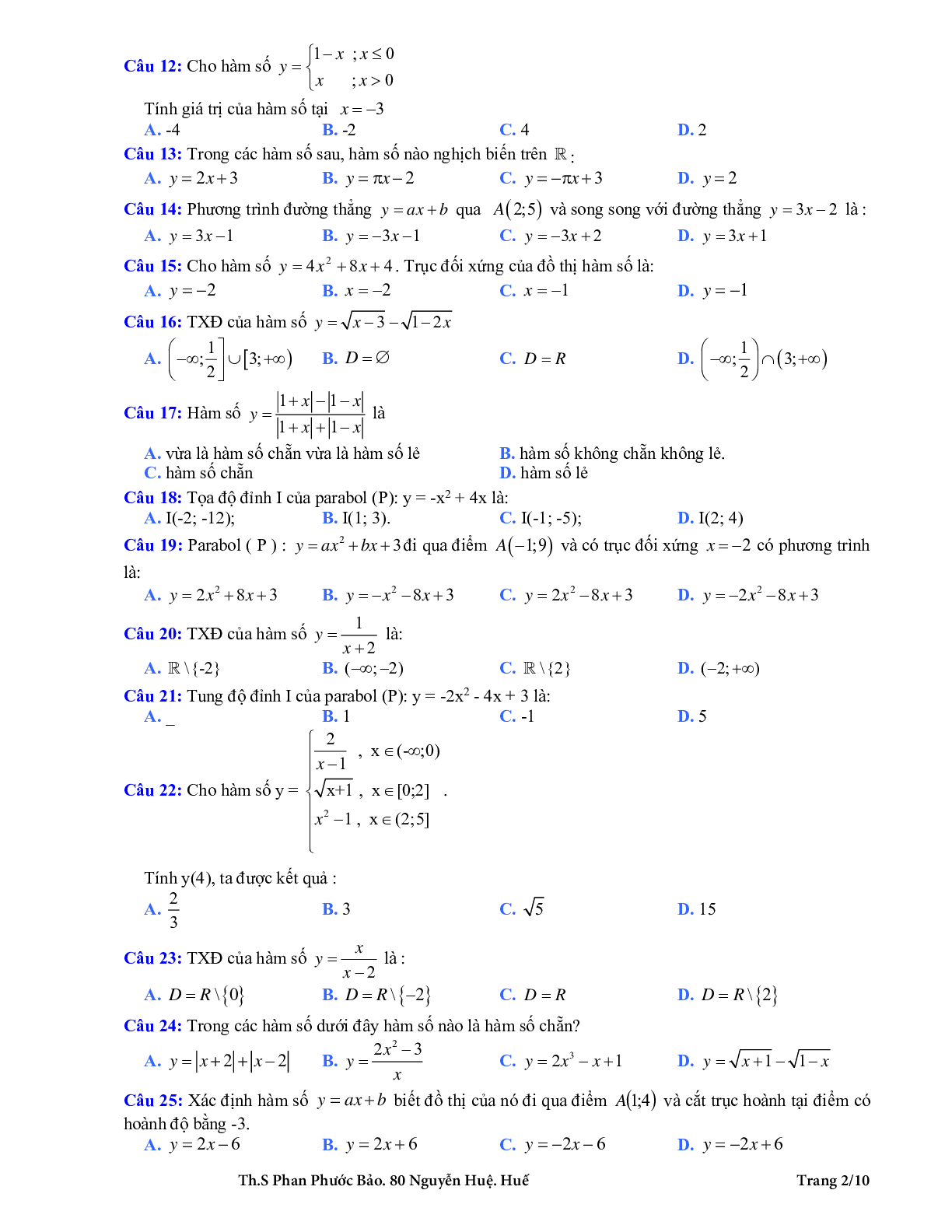 126 bài tập trắc nghiệm hàm số bậc nhất và hàm số bậc hai có đáp án (trang 2)