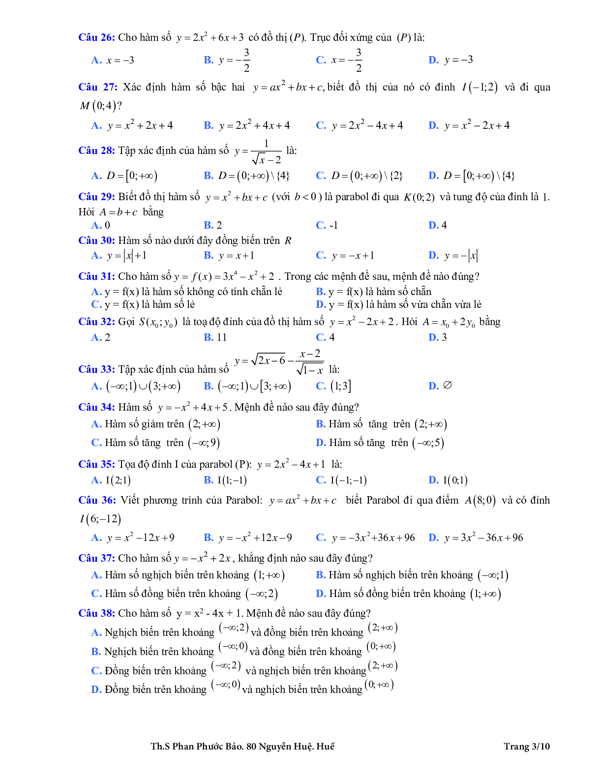 126 bài tập trắc nghiệm hàm số bậc nhất và hàm số bậc hai có đáp án (trang 3)