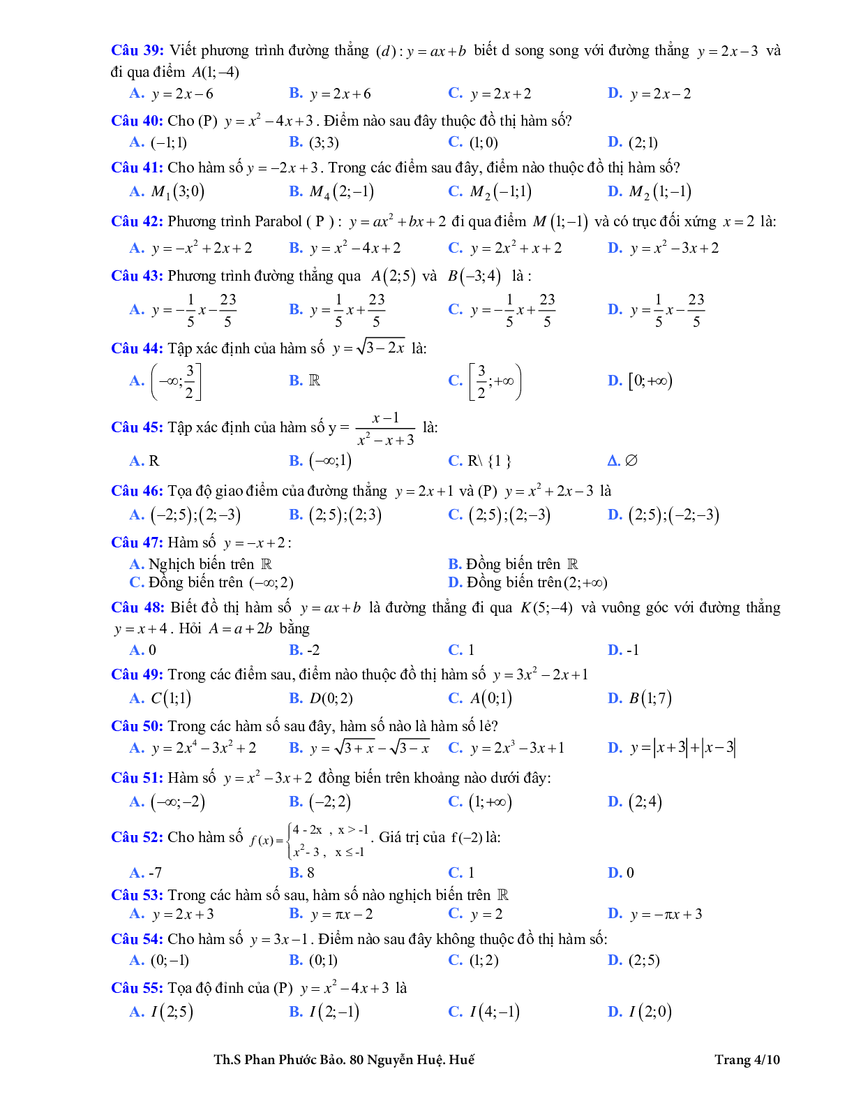 126 bài tập trắc nghiệm hàm số bậc nhất và hàm số bậc hai có đáp án (trang 4)