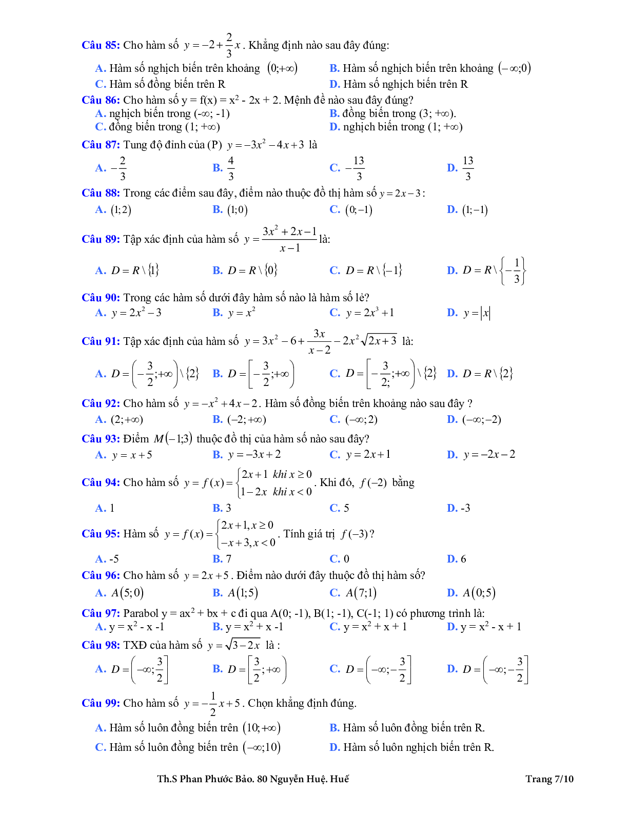 126 bài tập trắc nghiệm hàm số bậc nhất và hàm số bậc hai có đáp án (trang 7)
