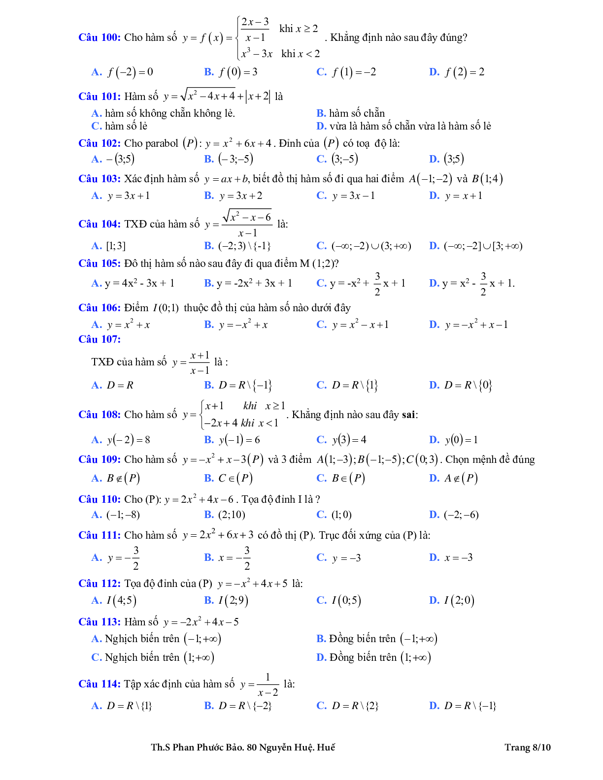 126 bài tập trắc nghiệm hàm số bậc nhất và hàm số bậc hai có đáp án (trang 8)