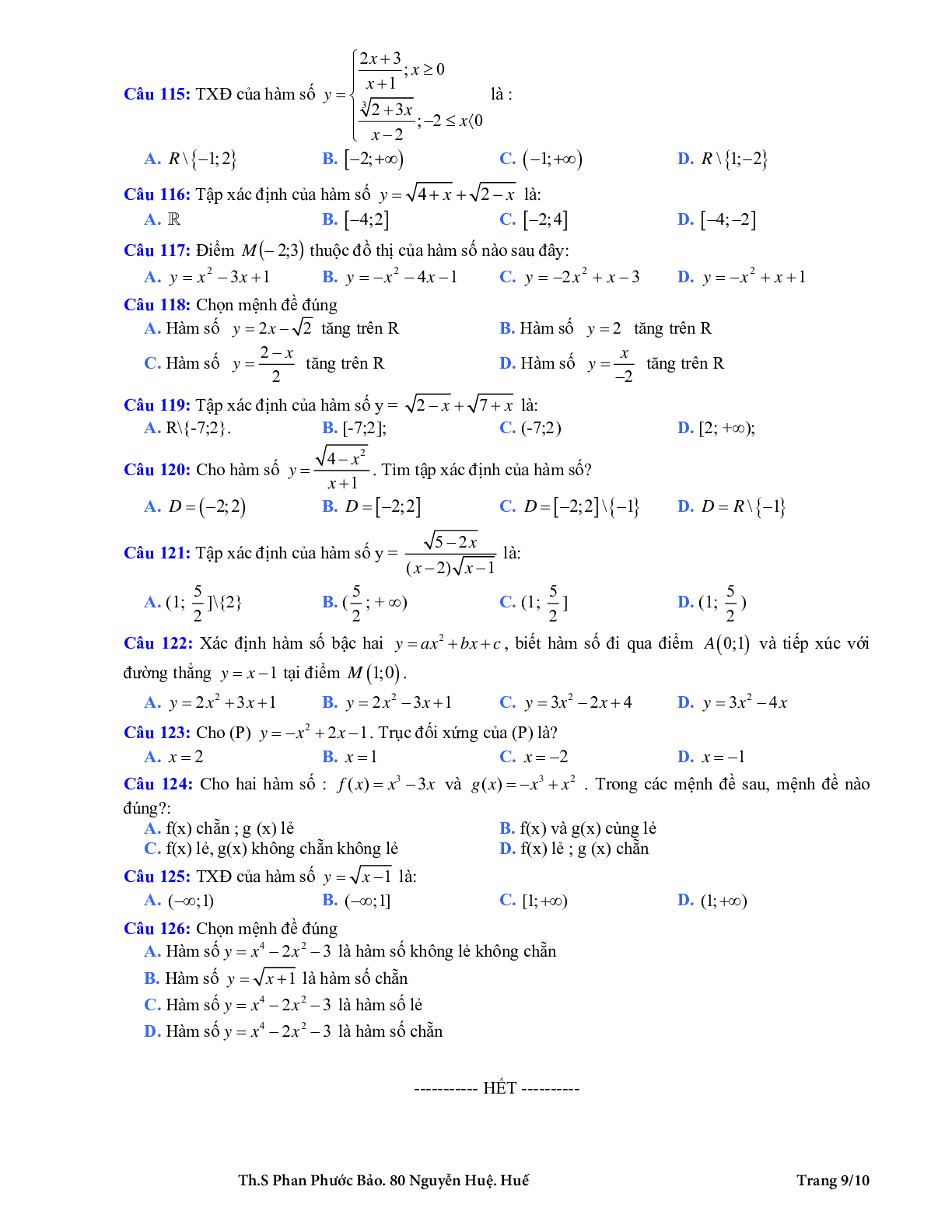 126 bài tập trắc nghiệm hàm số bậc nhất và hàm số bậc hai có đáp án (trang 9)