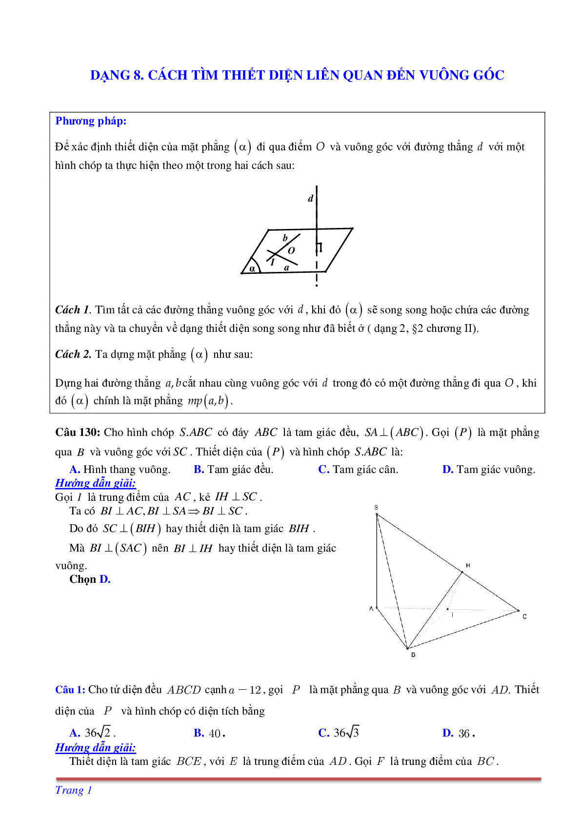 Phương pháp giải và bài tập về Cách tìm thiết diện liên quan đến vuông góc có đáp án (trang 1)