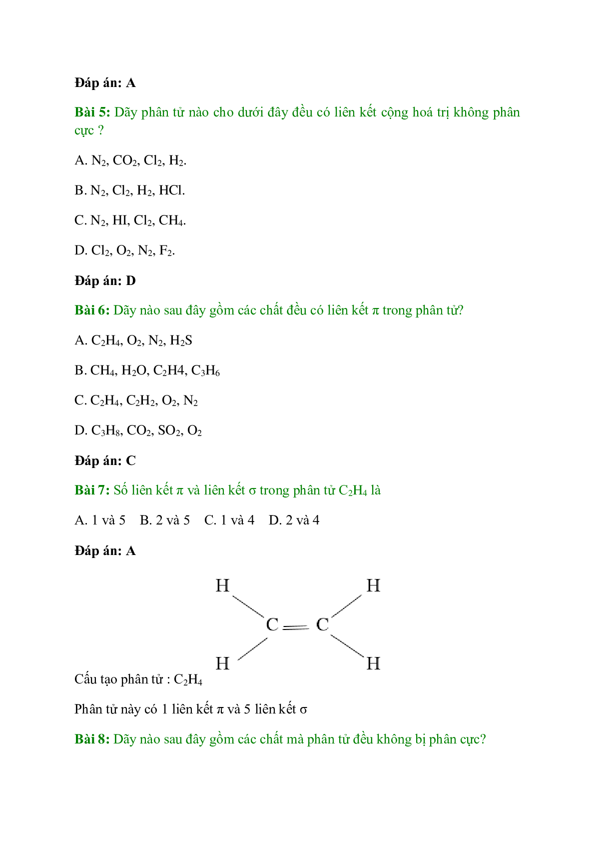 Trắc nghiệm Liên kết cộng hóa trị có đáp án - Hóa học 10 (trang 2)