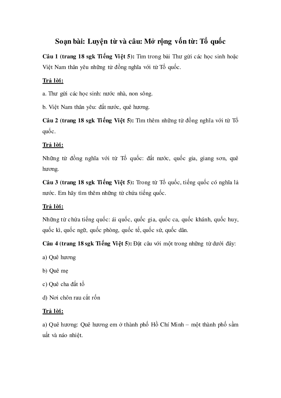 Soạn Tiếng Việt lớp 5: Luyện từ và câu: Mở rộng vốn từ: Tổ quốc mới nhất (trang 1)