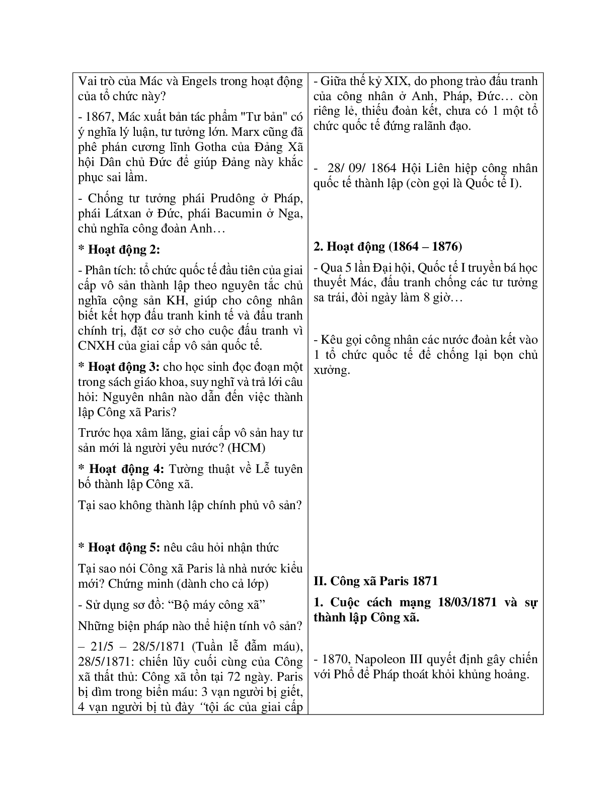 Giáo án Lịch sử 10 bài 38 Quốc tế thứ nhất và Công xã Pa ri 1871 mới nhất (trang 2)